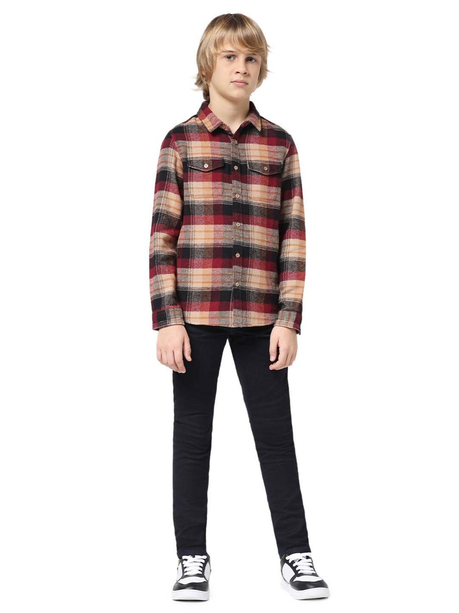 Jack & Jones Junior Maroon & Cream Cotton Chequered Full Sleeves Shirt