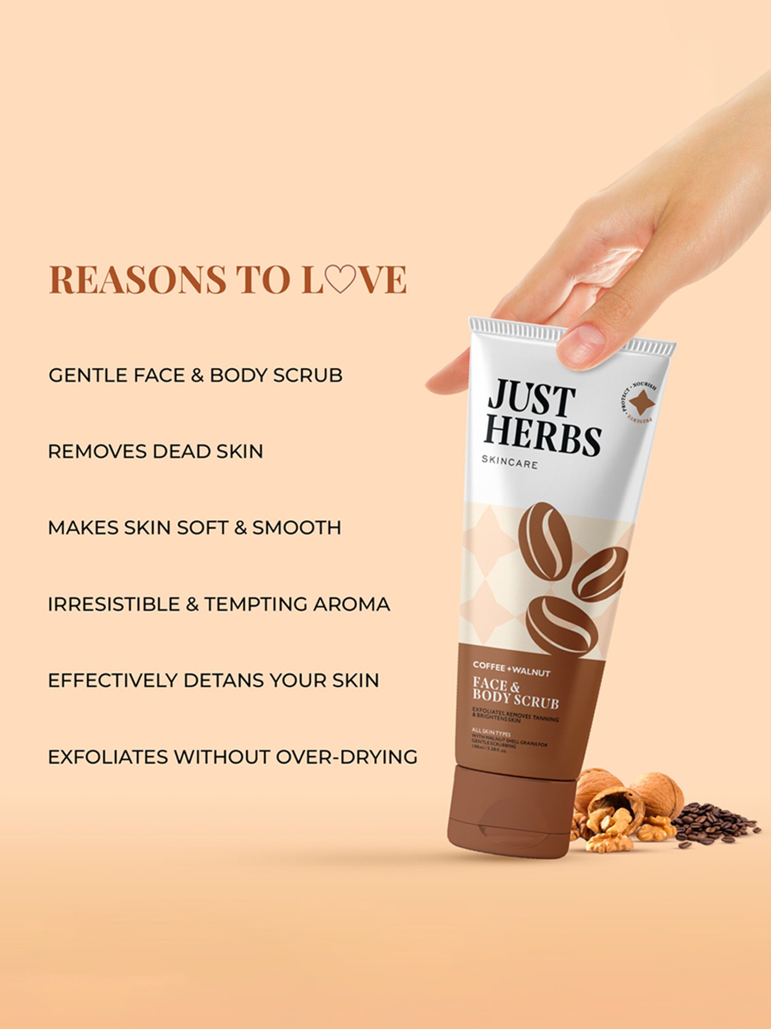 JUST HERBS Coffee + Walnut Face & Body Scrub - 100 gm