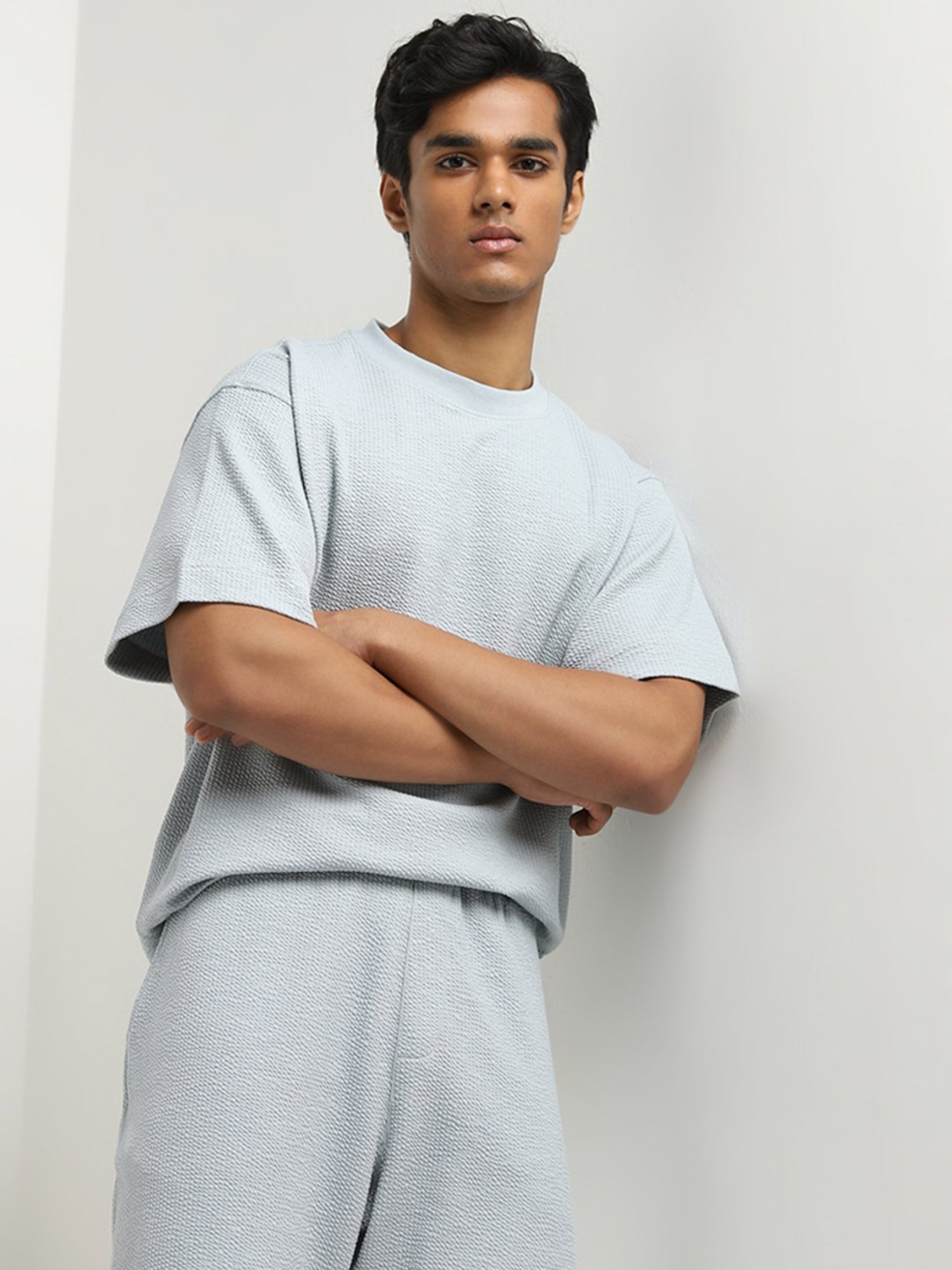 Studiofit by Westside Light Blue Popcorn Textured Relaxed-Fit T-Shirt