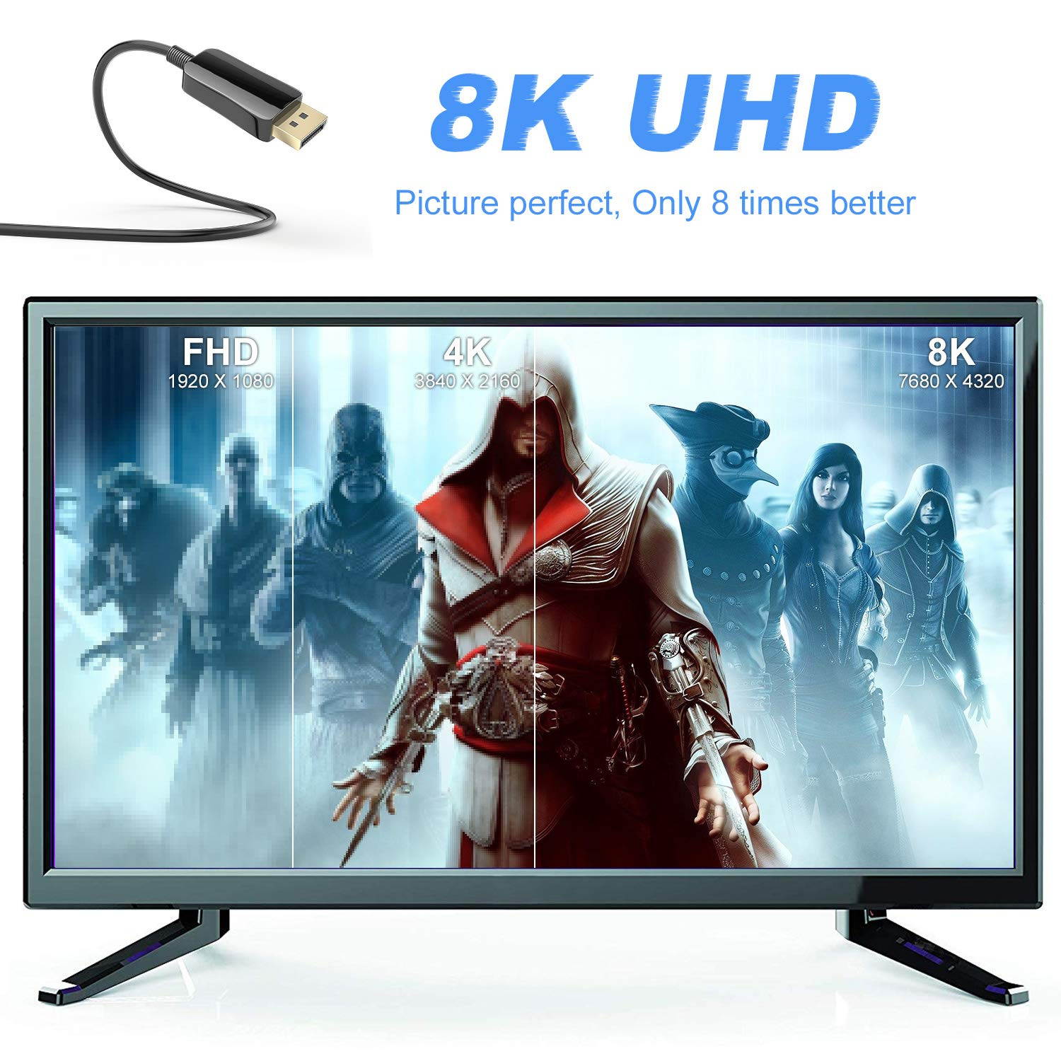 ESTONE Fiber 8K DisplayPort DP 1.4 Cable DP Ultra HD 8K@60Hz, 4K @ 120Hz High Speed 32.4Gbps Optic Fiber Slim and Flexible DP to DP Male to Male 3D Cable 15m 50ft