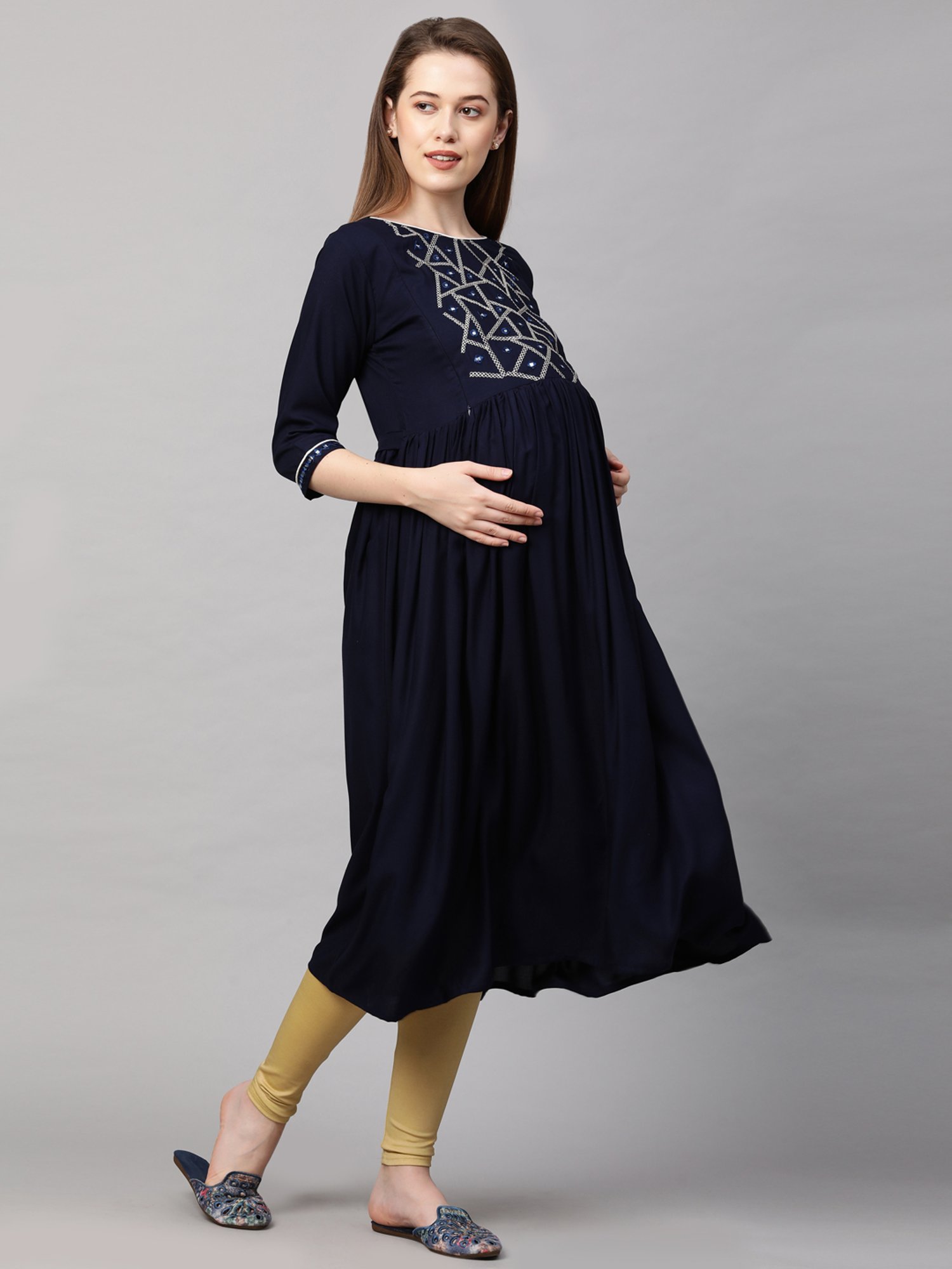 MomToBe Navy Embroidered Maternity Kurta