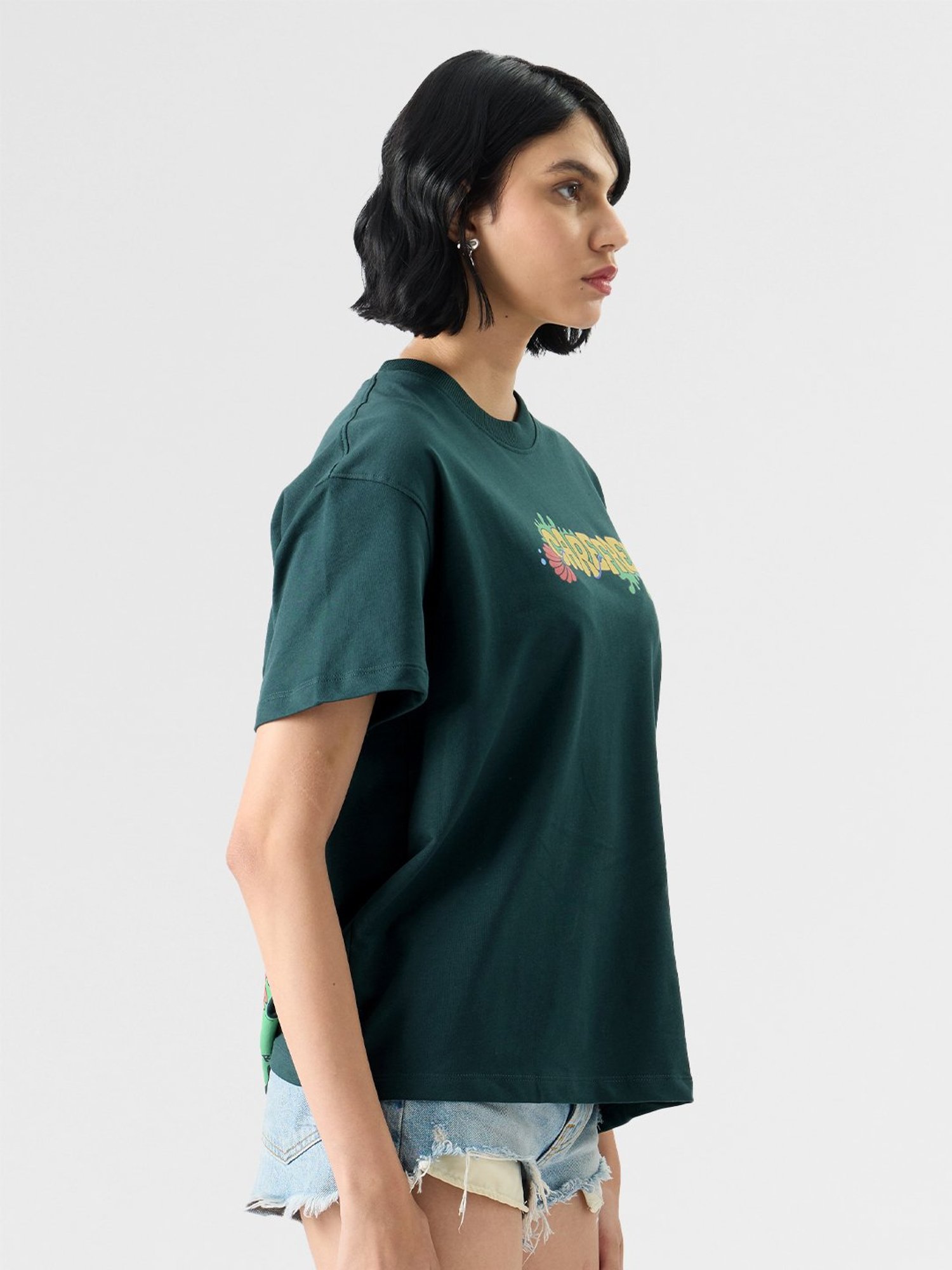 The Souled Store Dark Green Cotton Graphic Print Oversized T-Shirt
