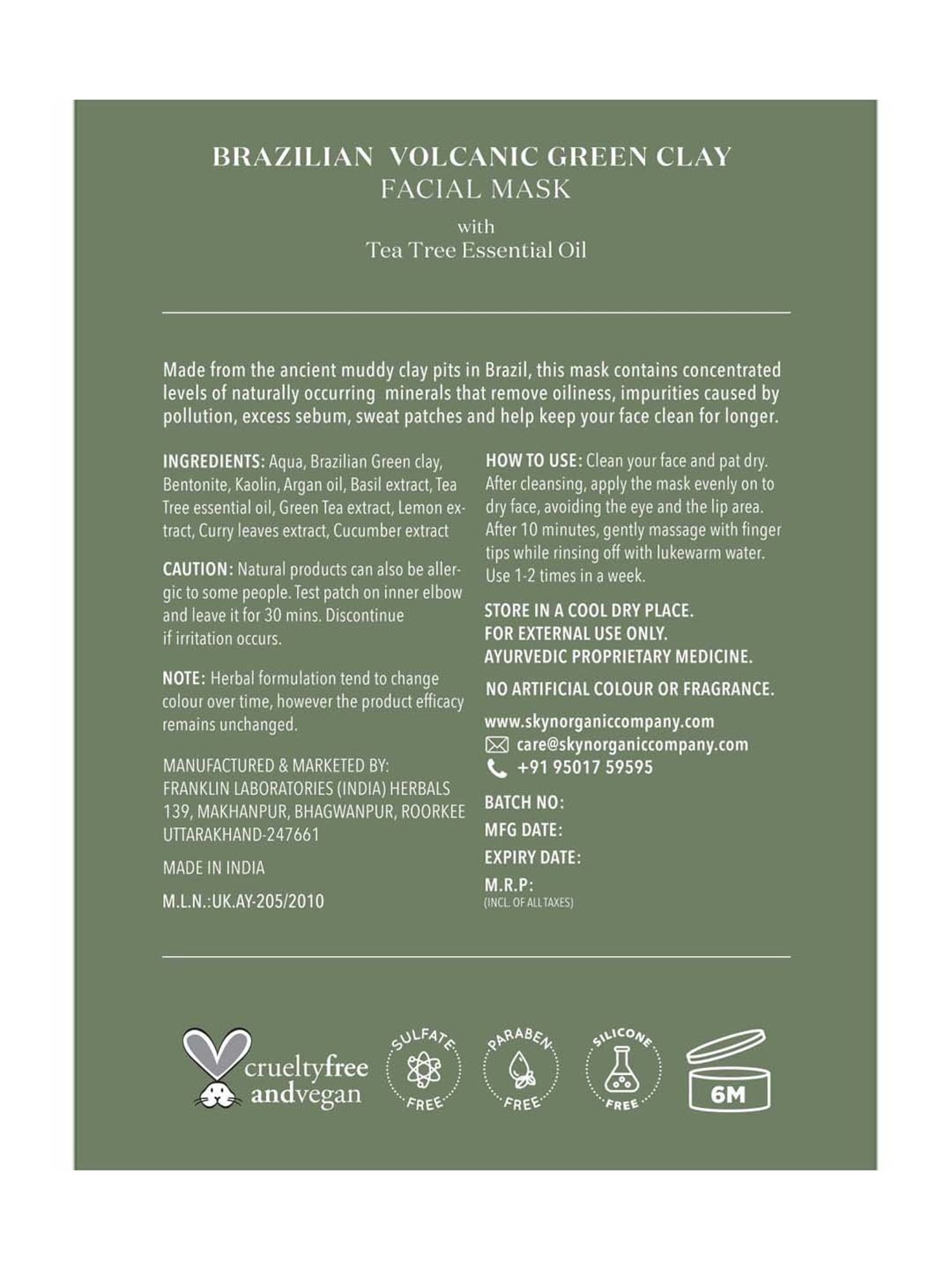 SKYN ORGANIC CO Brazilian Volcanic Green Clay Facial mask - 50 gm