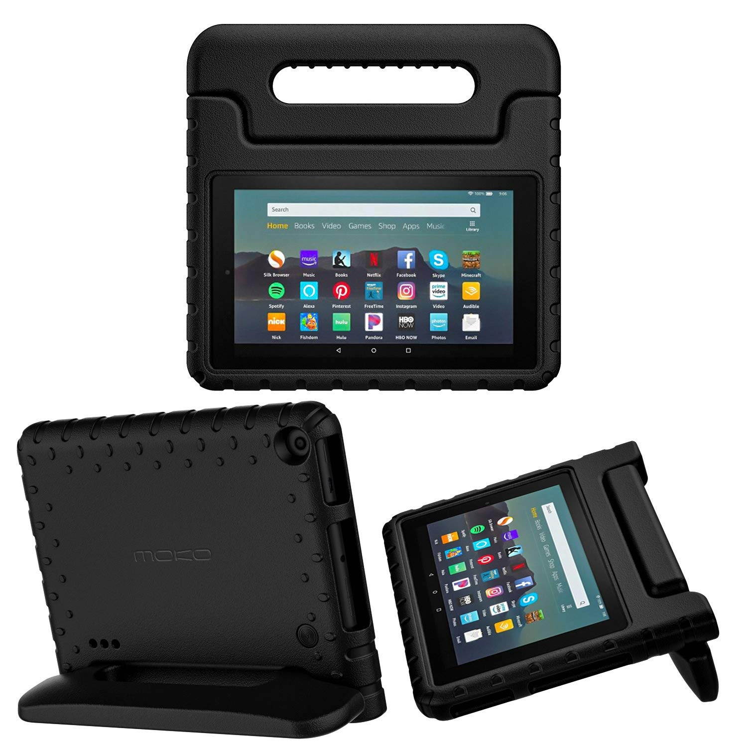 MoKo Kids Case Fits All-New Amazon Kindle Fire 7 Tablet (9th Generation, 2019 Release), Durable EVA Kid-Friendly Shock Proof Portable Handle Protective Stand Cover - Black
