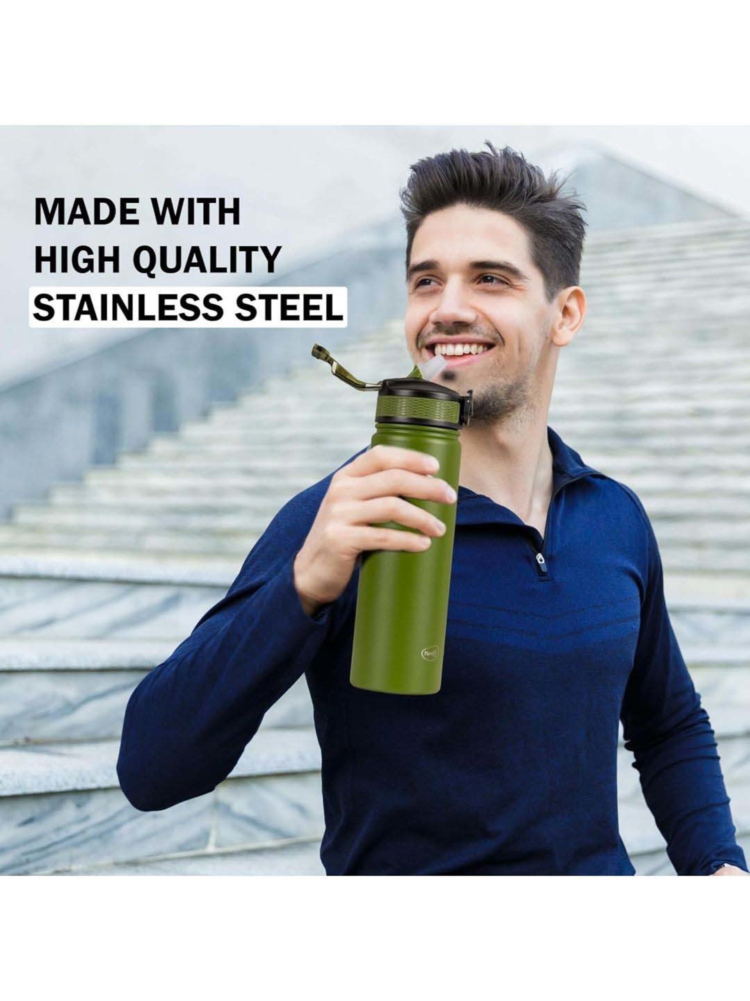 Pigeon Green Stainless Steel Rush Thermos Flask With Straw & Screw Cap (1 L)