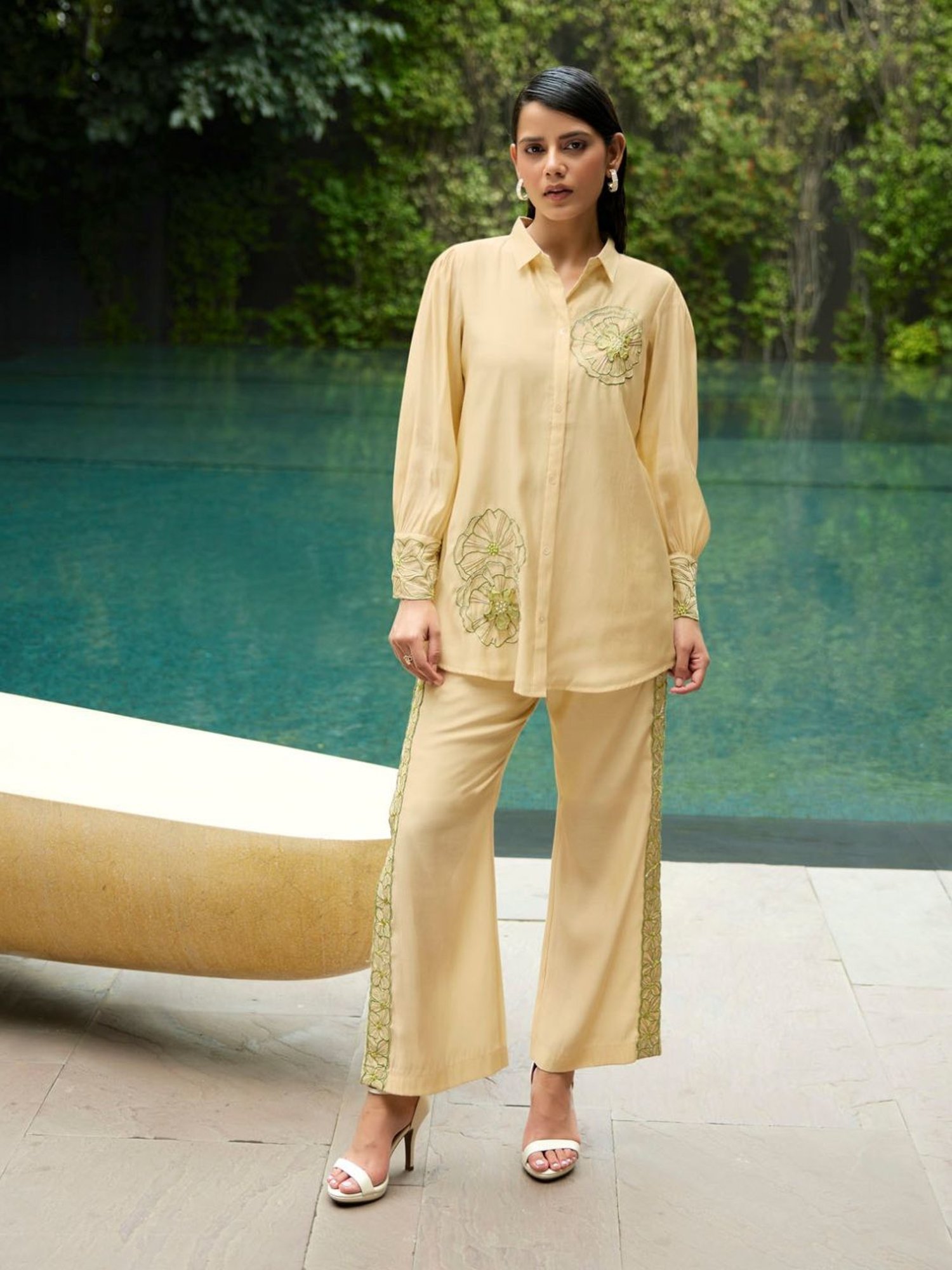 Kaftanize Kiaa Yellow Creme Applique and Embroidered Shirt with Pant