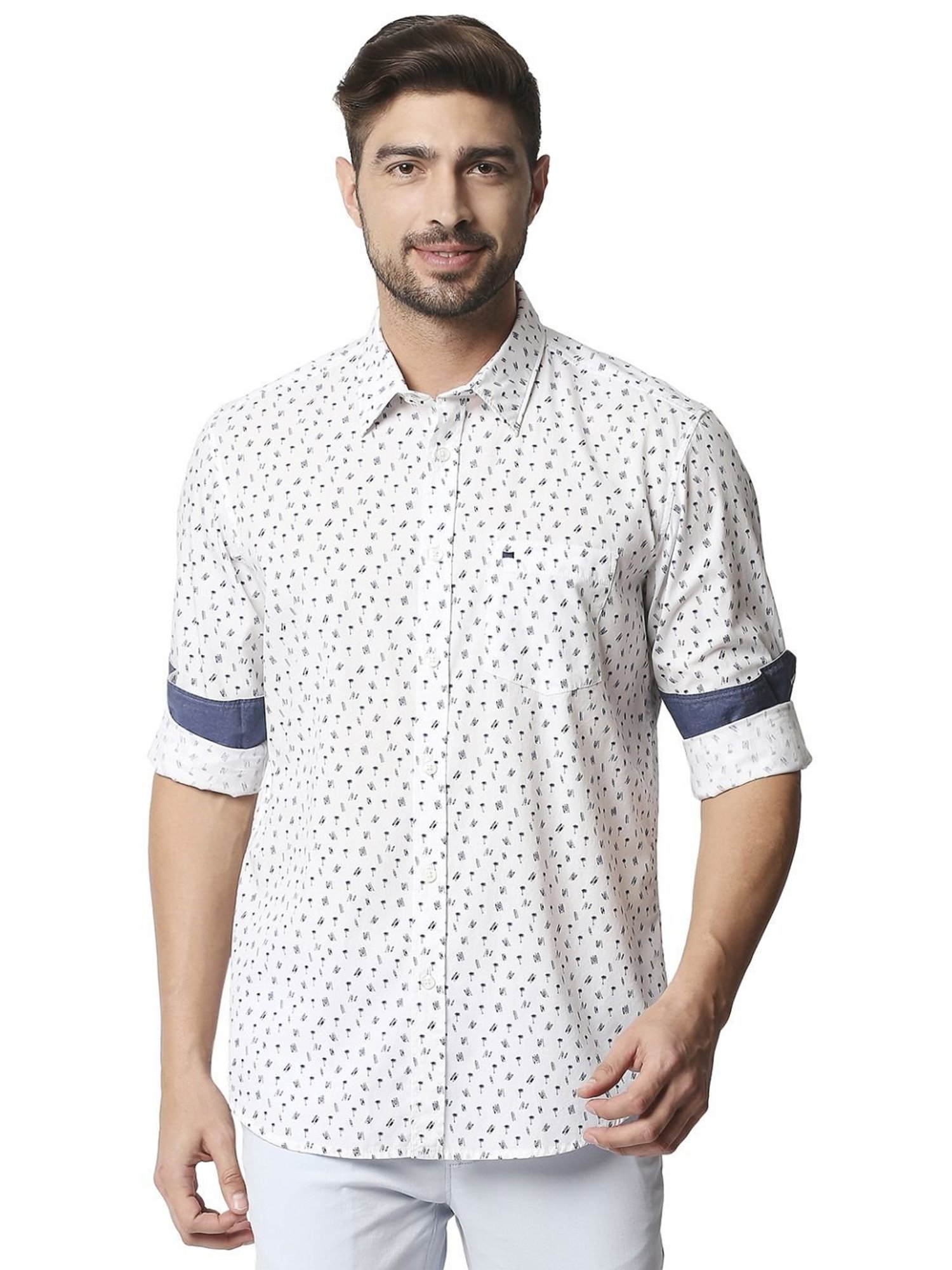 Basics White Cotton Slim Fit Printed Shirt