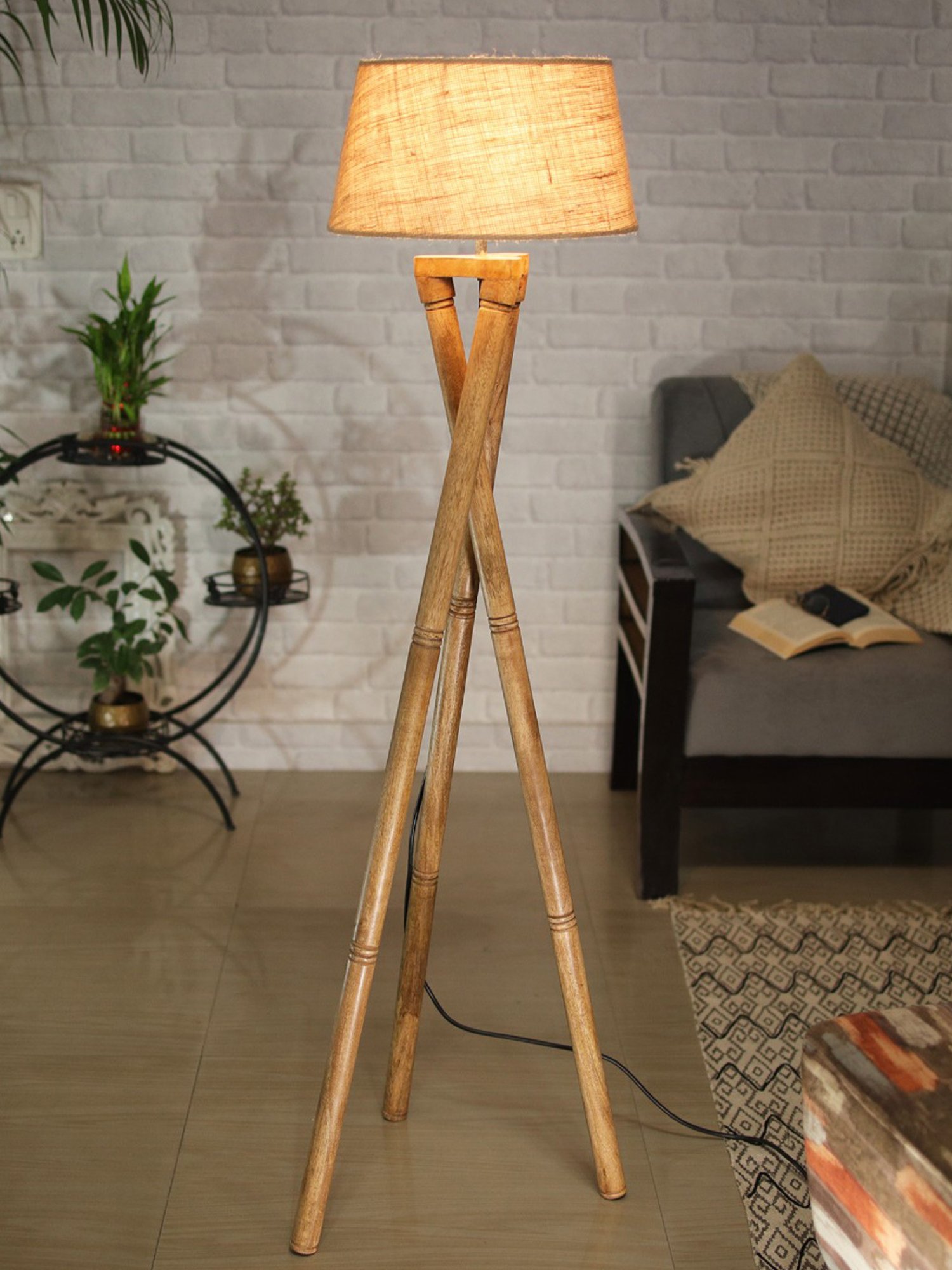 Homesake 'Tripod' Brown Wood Cross-Leg Floor Lamp With Shade & Bulb - Set of 1