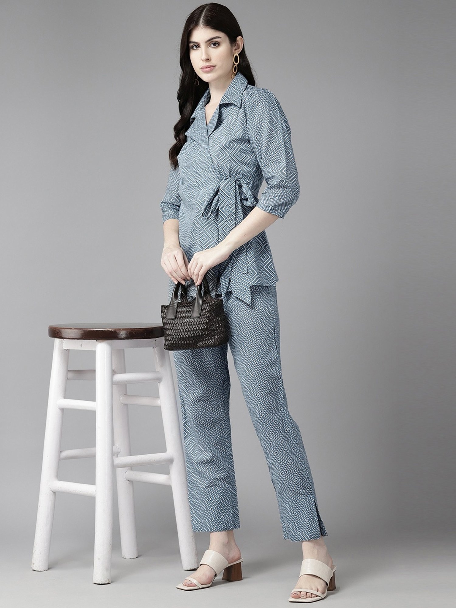 Yufta Grey Cotton Printed Tunic Pant Set