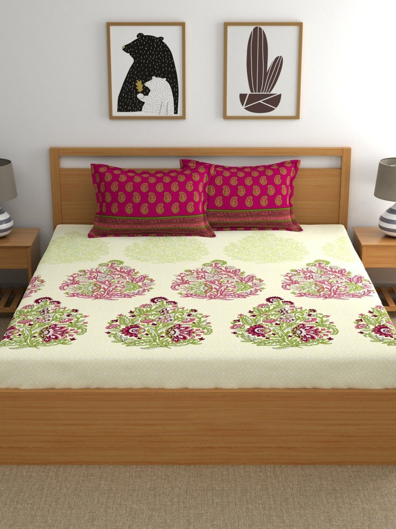 My Room Floral Dark Pink & Biege 140 TC Cotton Fitted King Bed Sheet with 2 Pillow Covers