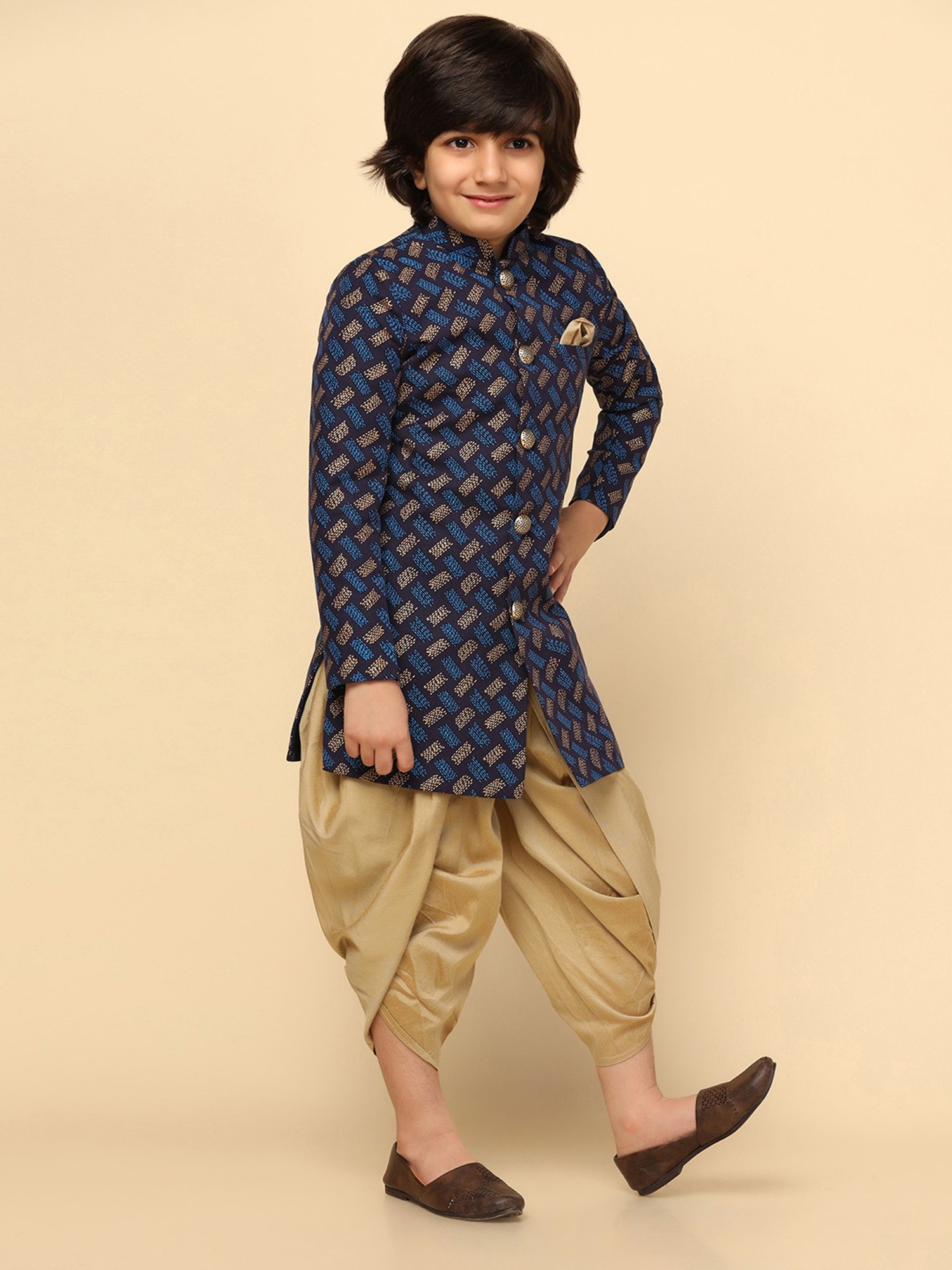 KISAH Boys Blue Printed Full Sleeves Sherwani