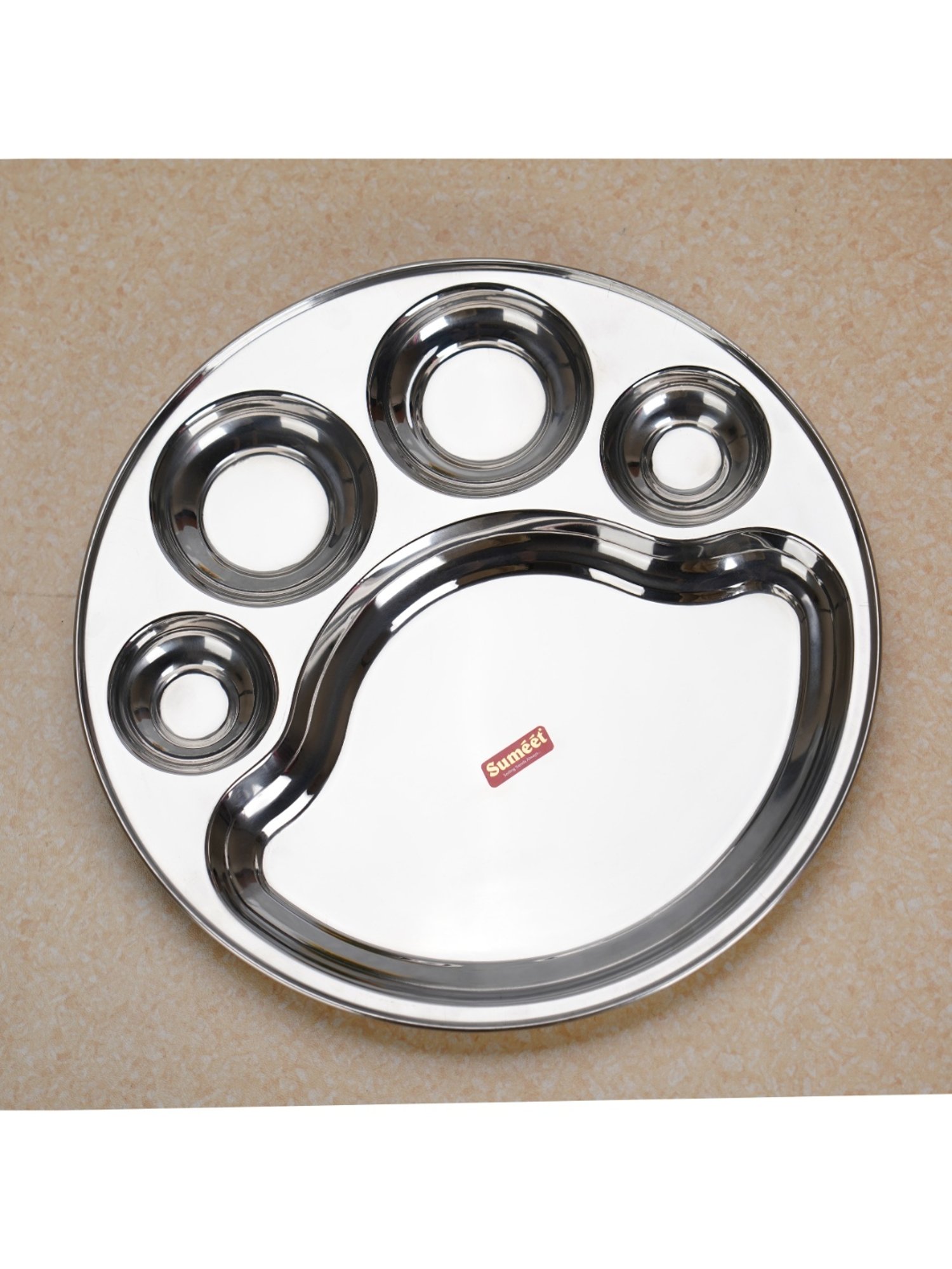 Sumeet Stainless Steel Round 5 in 1 Compartment Lunch / Dinner Plate 1Pc, 31cm Dia, Silver