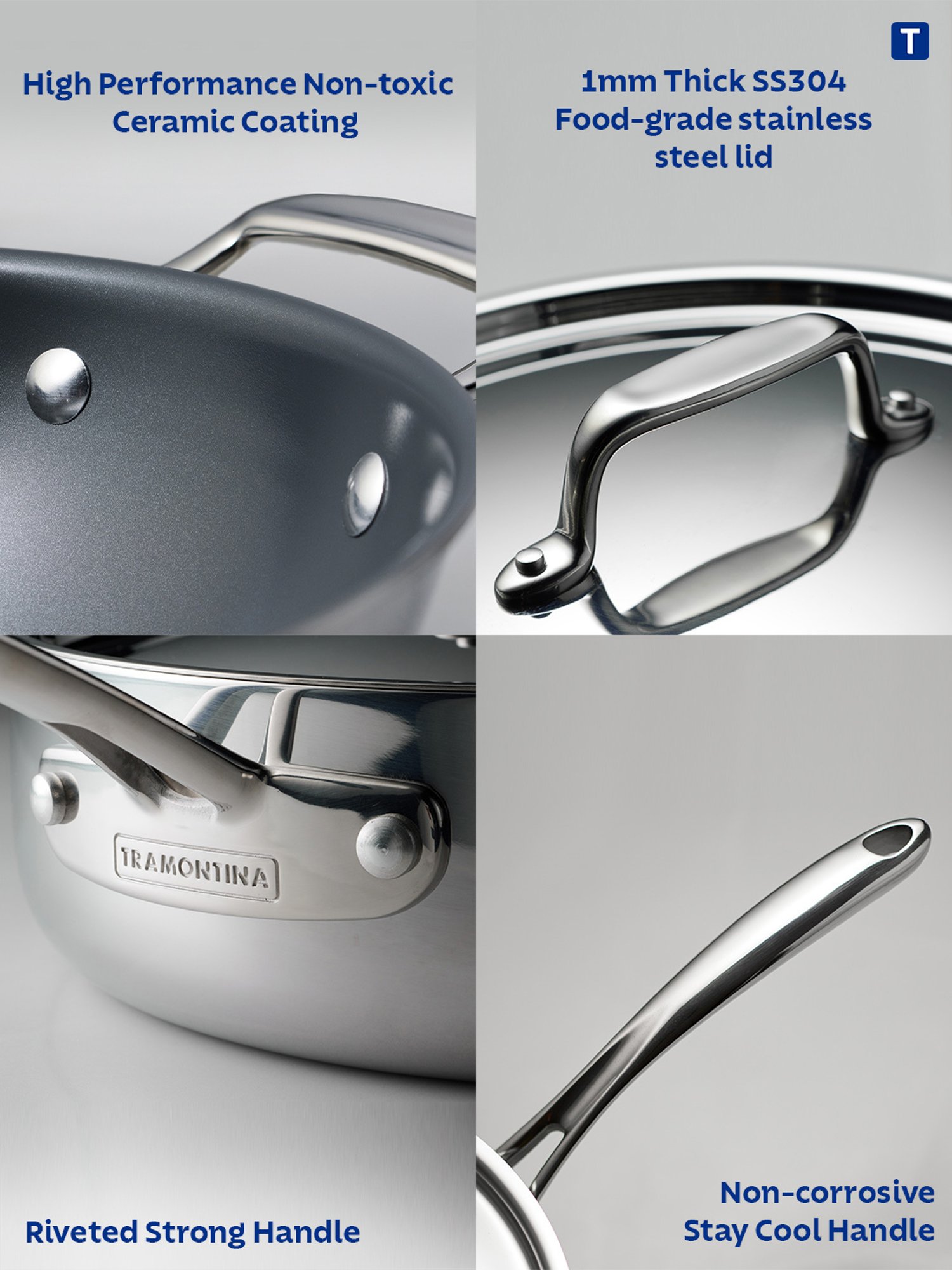 Tramontina Fusao Non-Toxic Triply Stainless Steel Ceramic Casserole & Lid 20cm/3.1L Induction Base