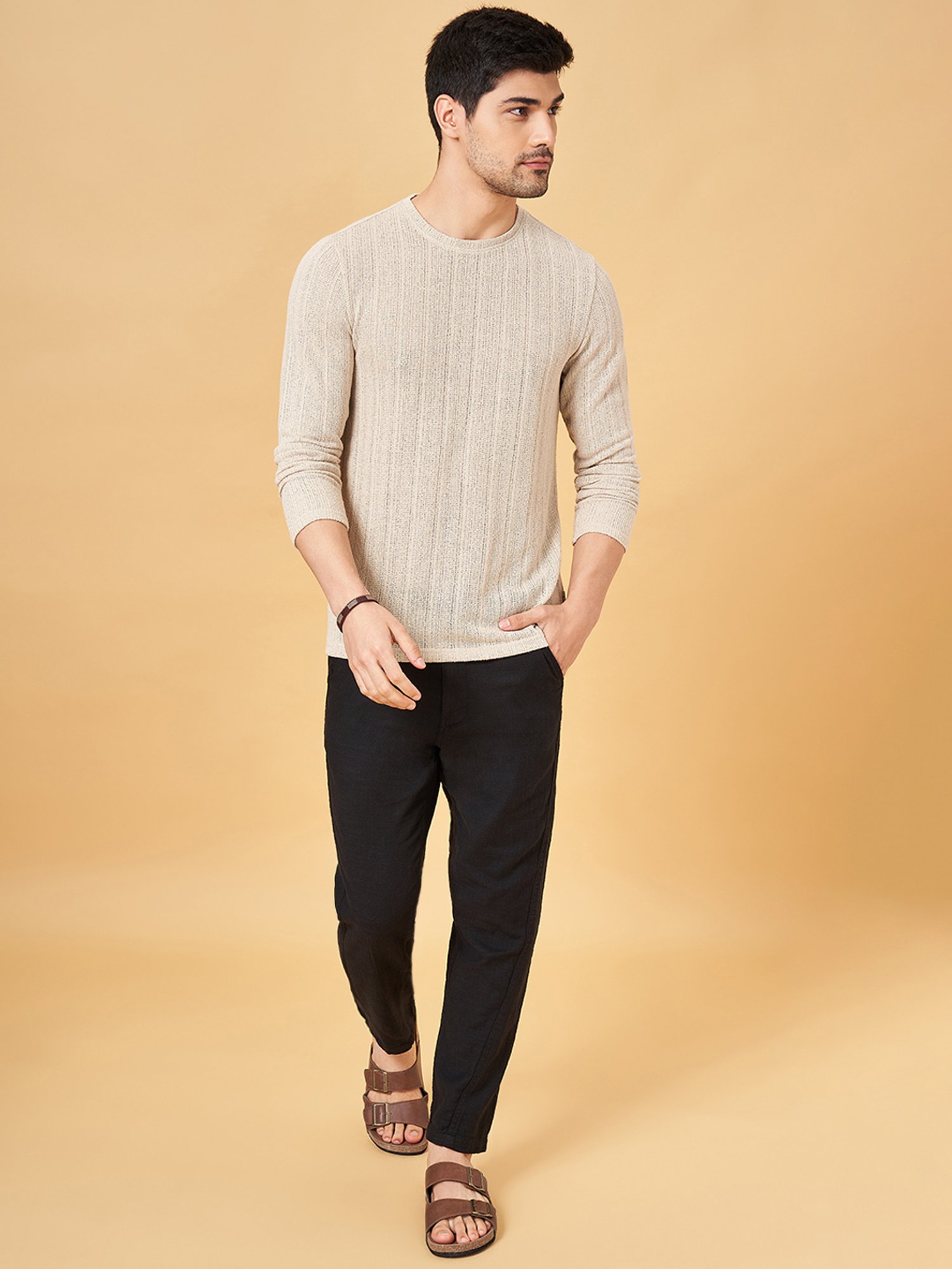 7 Alt by Pantaloons Light Gray Cotton Blend Slim Fit T-Shirt