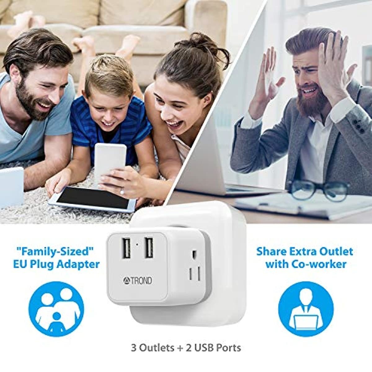European Plug Adapter, TROND International Travel Power Adaptor for Europe Outlets, 2 USB & 3 American Sockets - US to EU Italy Germany France Iceland Spain Greece (Type C Plug)