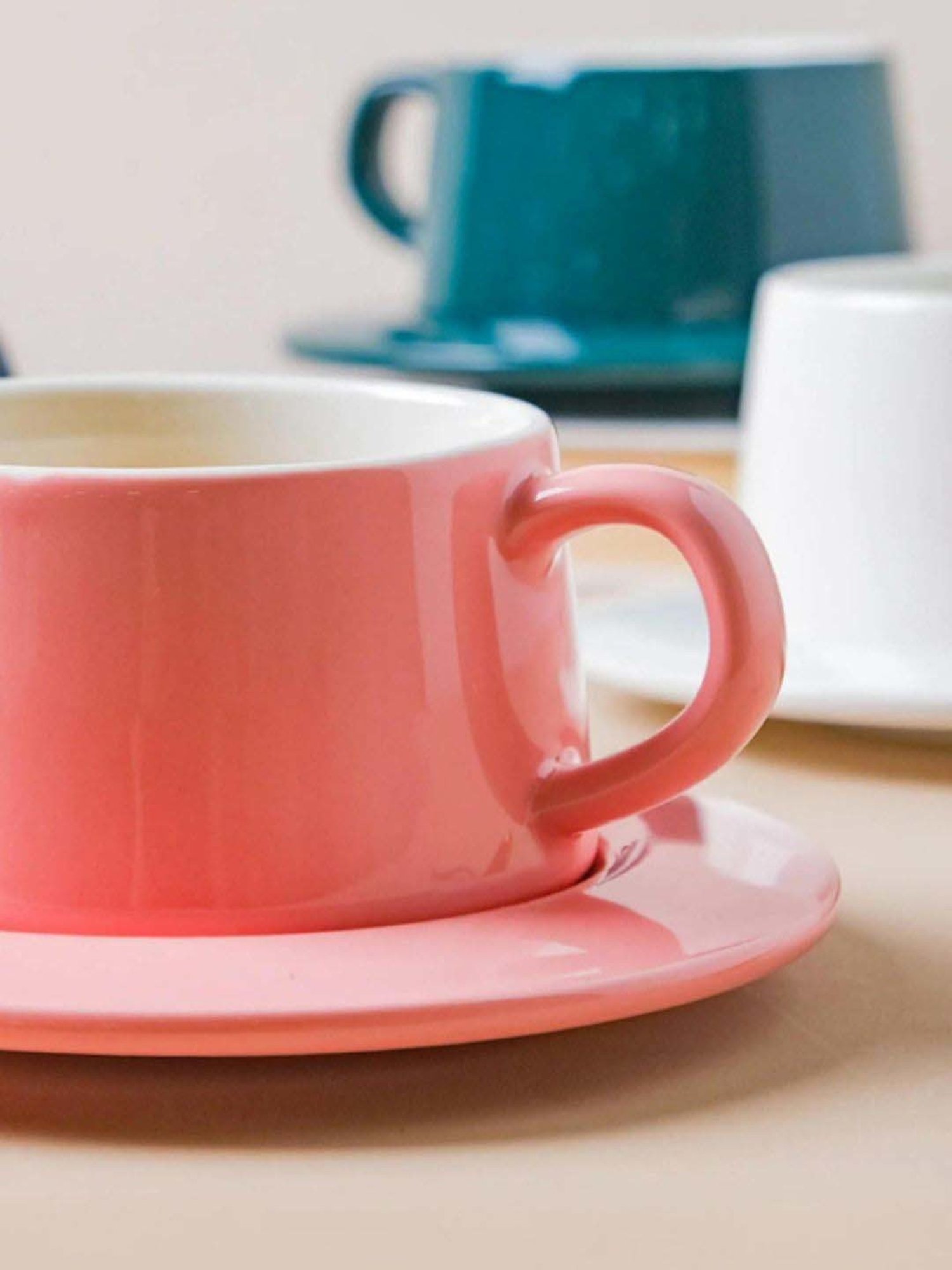 Nestasia Premium Quality Glossy Pink Cup With Round Handle & Saucer Set For Serving Hot Drinks