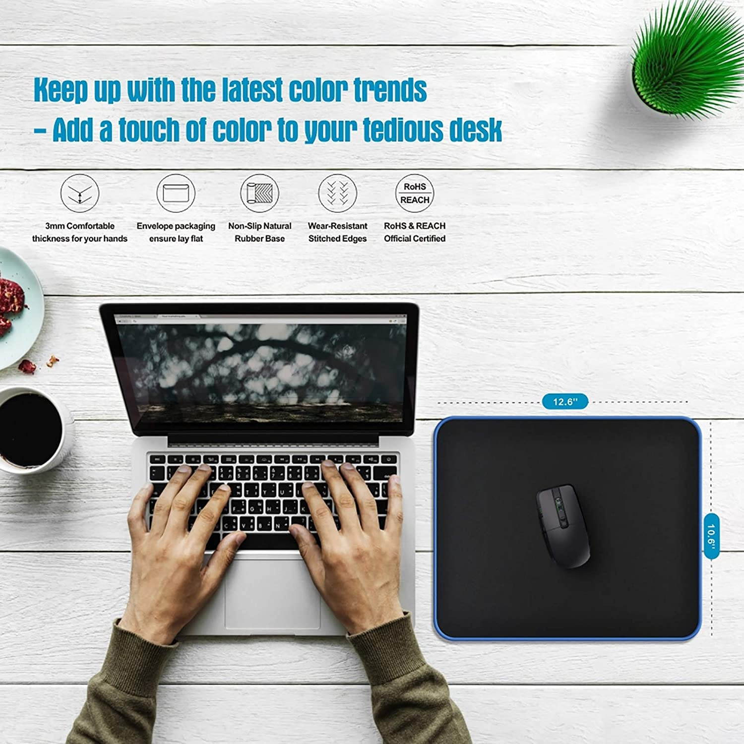 Mouse Pad Gaming with Blue Non Slip Rubber Base (12.6x10.6x0.16in), 4mm Thick Computer Mousepads Mat with Stitched Edge, Black Smooth Jersey Surface Mouse Pad for Laptop, Computer, Home&Office, Desk