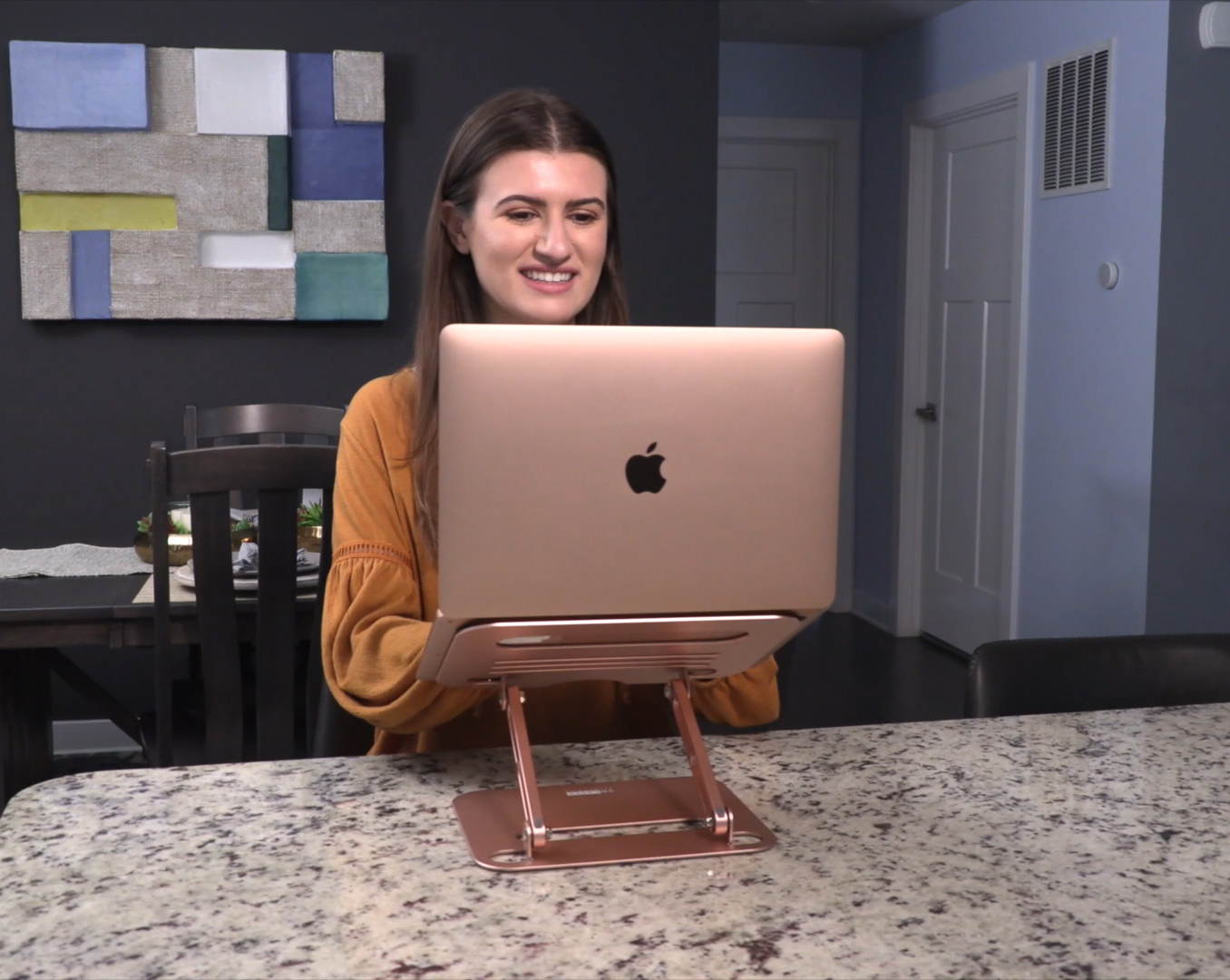 RISE adjustable height tilt laptop desk stand. Small portable ergonomic aluminum notebook computer riser laptop desk stand workstation cooling cooler Rose Gold