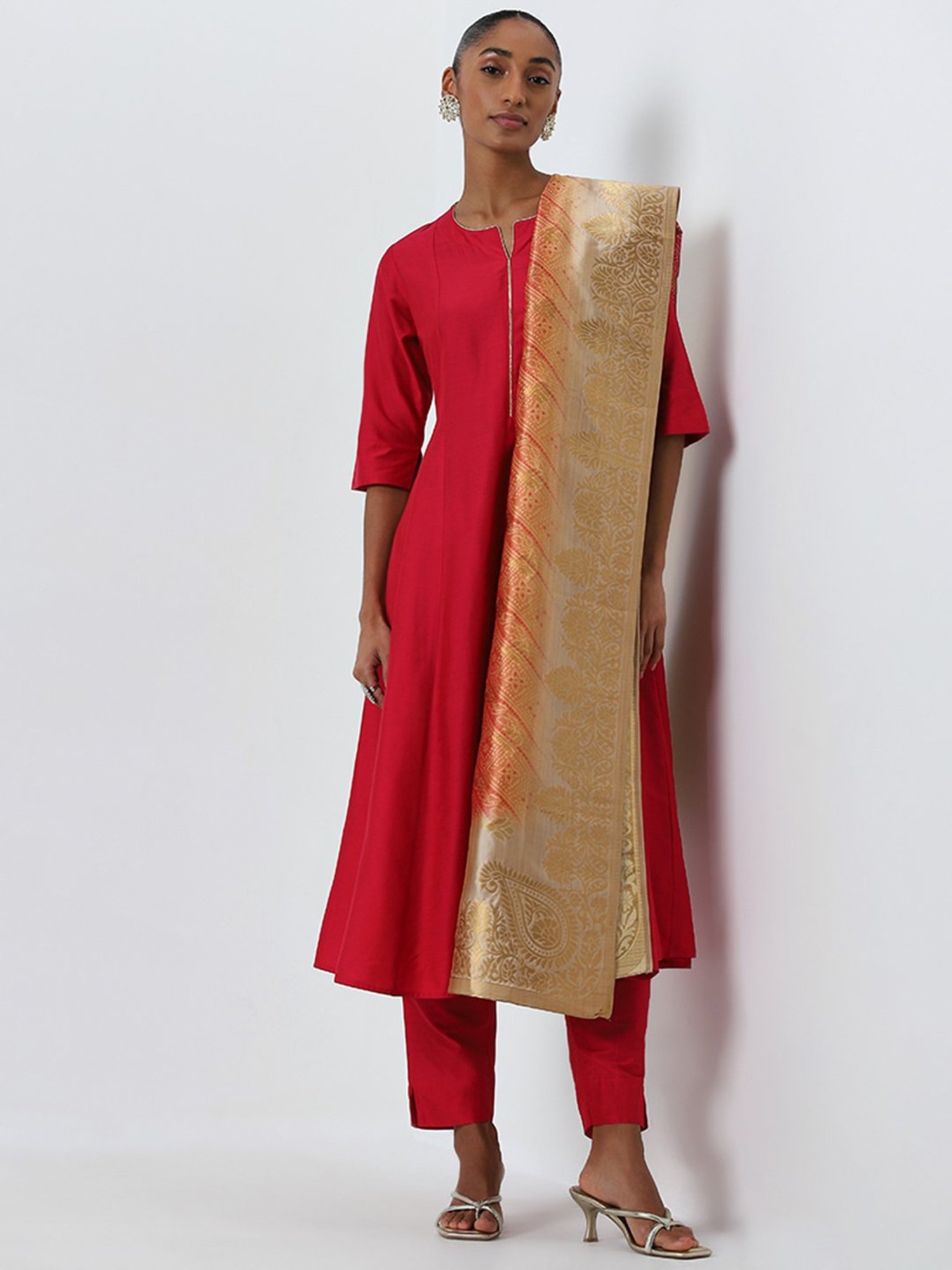 Vark by Westside Red A-Line Kurta, Ethnic Pants and Dupatta Set