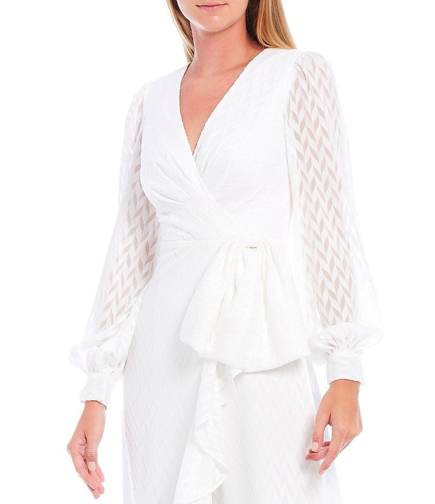 Sachin & Babi Connie Fil Coupe Chiffon Faux Wrap Long Sleeve V-Neck Midi Dress