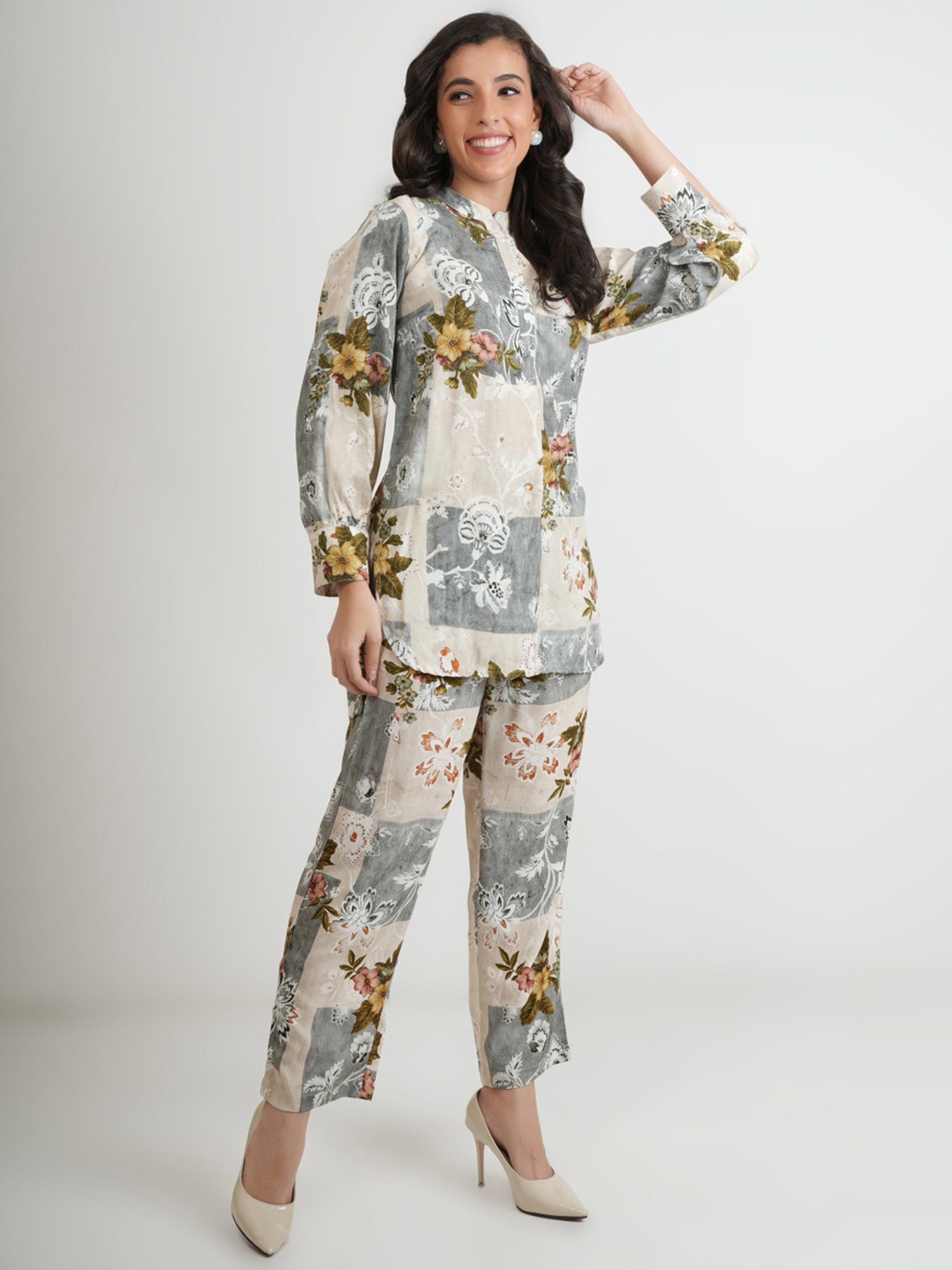 Zolo Label Grey Floral Print Top Pant Set
