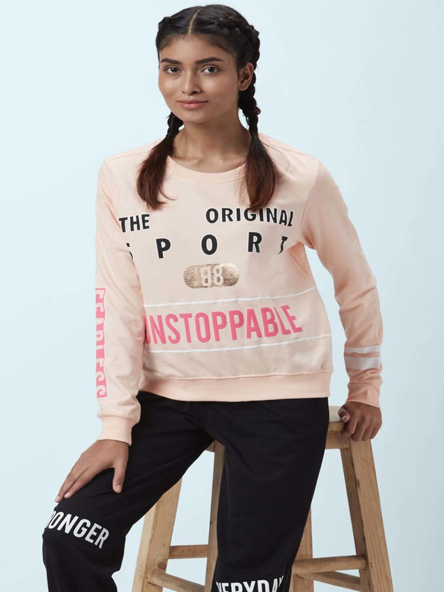 Ajile by Pantaloons Peach Cotton Graphic Print Sports Sweatshirt