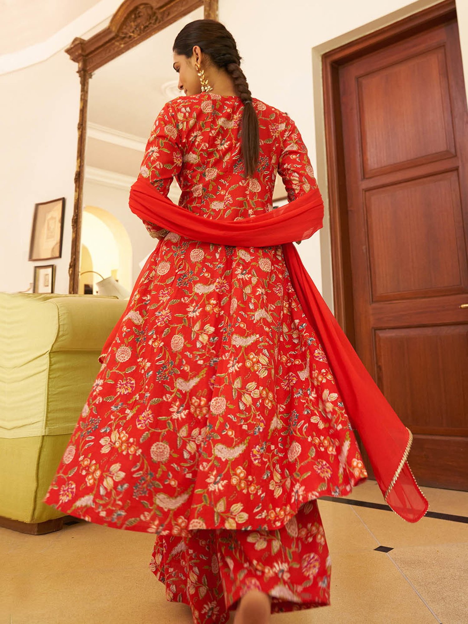 Janasya Red Cotton Floral Print Kurta With Sharara & Dupatta
