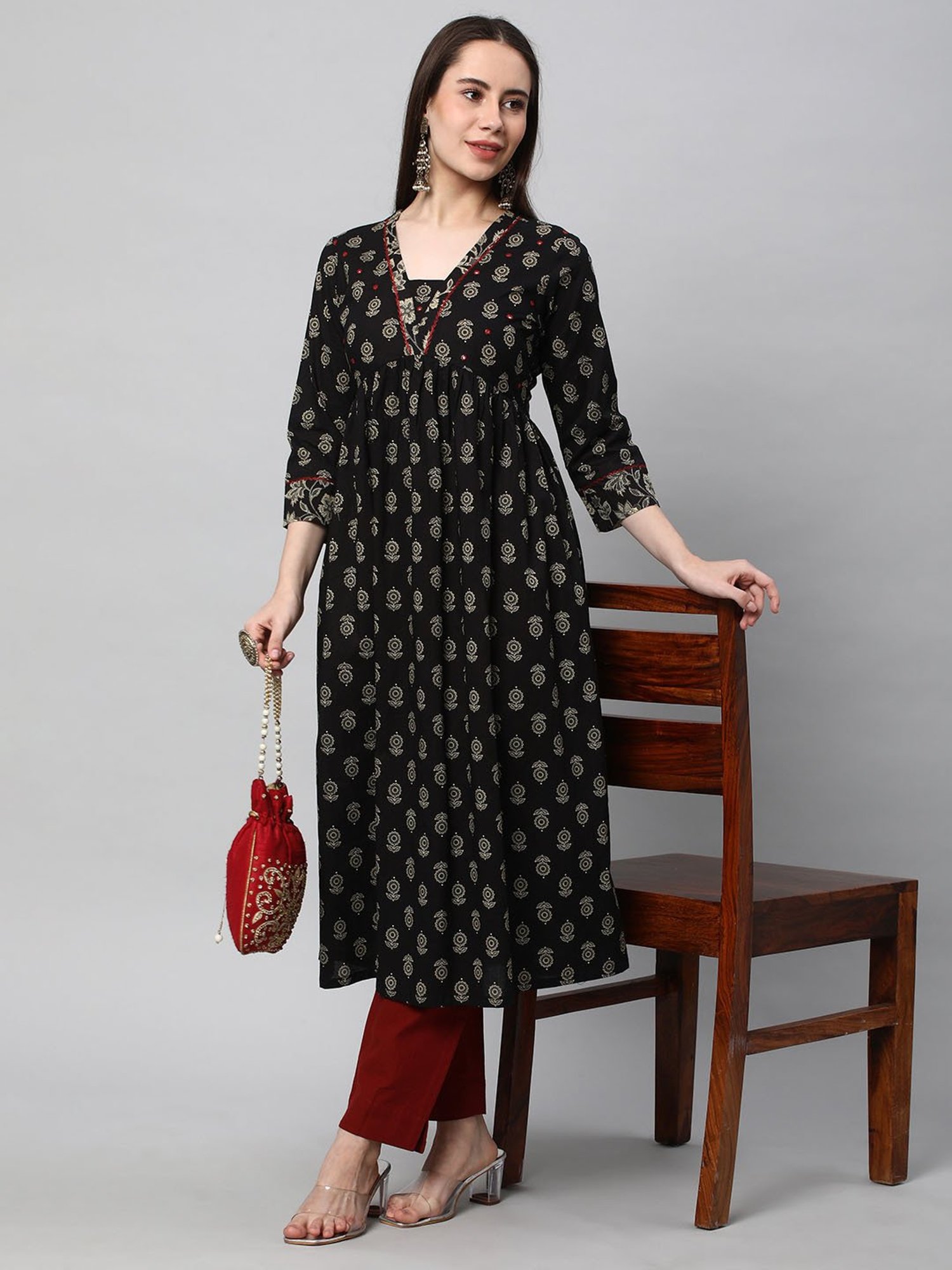 Kami Kubi Black Embroidered A Line Kurta