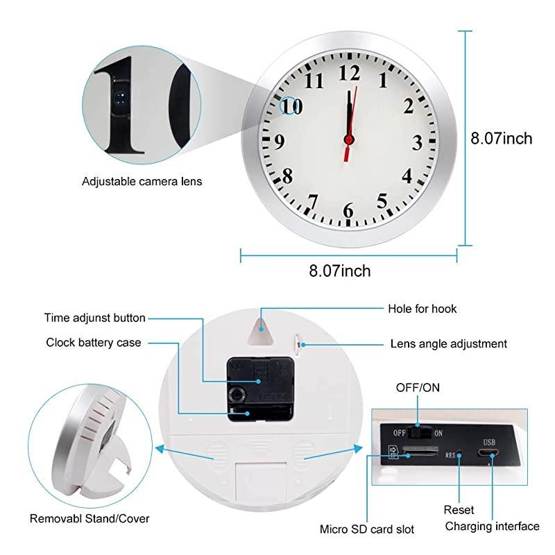 HD 1080P WiFi Spy Camera (5000mAh Battery) Wall Desk Clock Hidden Camera Alarm Clock for Home Security Nanny Cam Support iOS/Android/PC Remote Real-time Video and Motion Detection Alarm