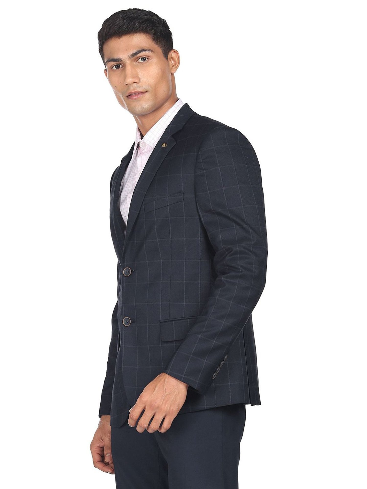AD by Arvind Navy Regular Fit Notch Lapel Check Blazer