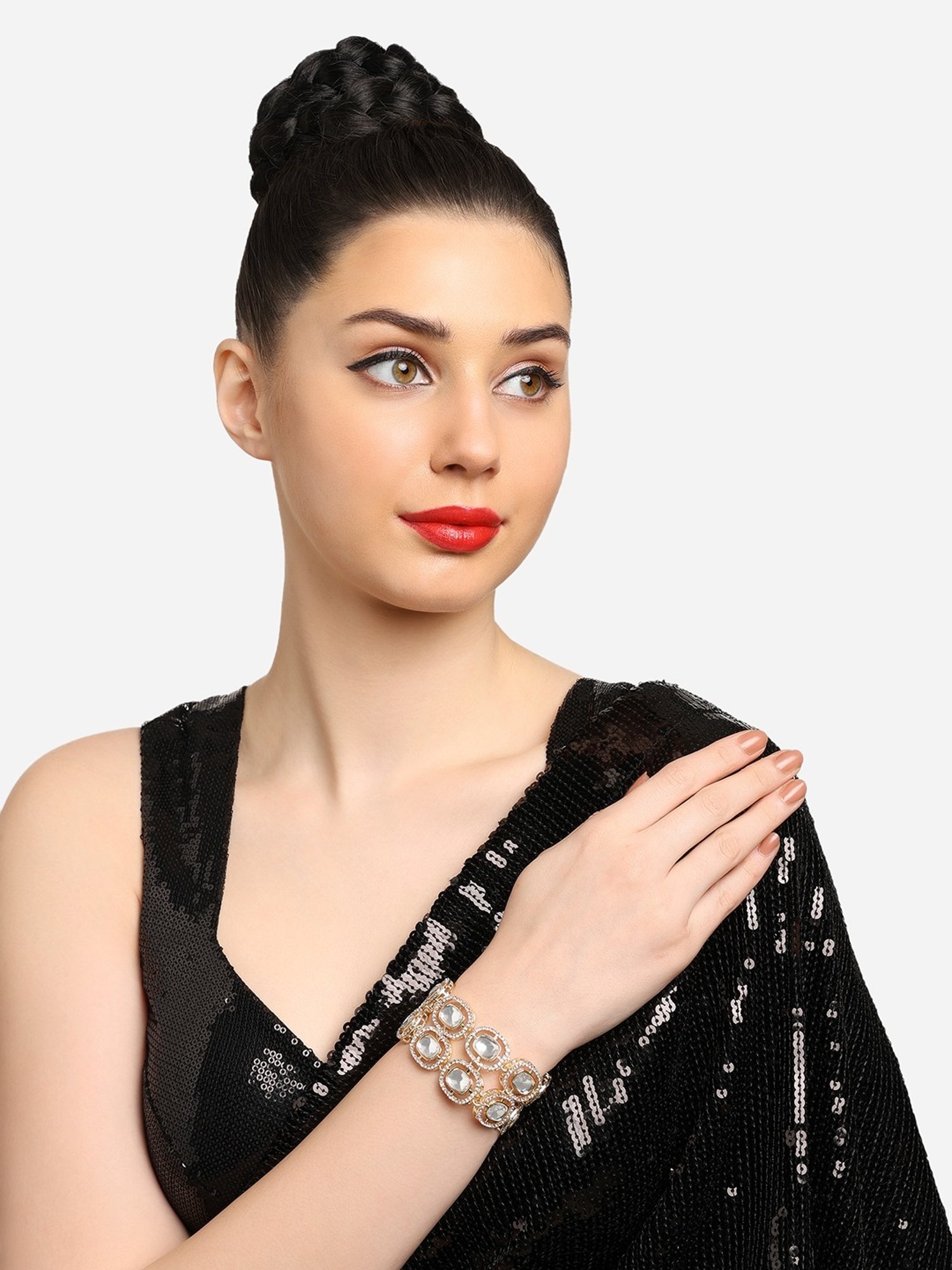 Zaveri Pearls Gold Tone Double Layered Austrian Diamonds Embellished Ethnic Bracelet -ZPFK16931