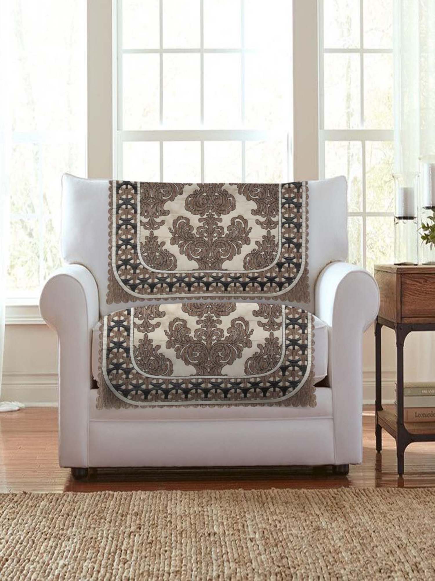 HOSTA HOMES Beige & Brown Velvet Sofa Cover With Arm Rest - Set of 16