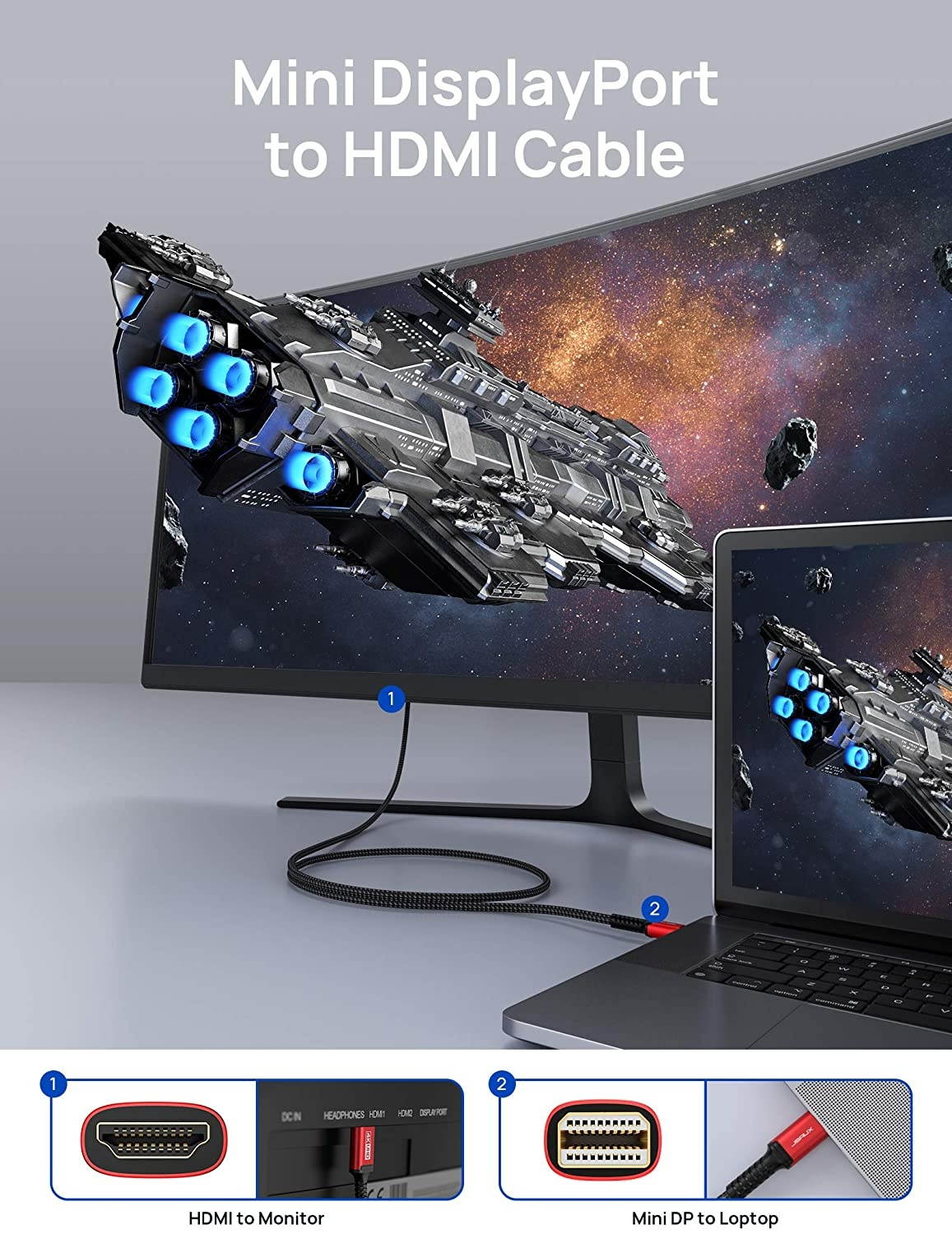 4K Mini DisplayPort to HDMI Cable 10ft/3M JSAUX Thunderbolt 2(Mini DP) to HDMI Cord Compatible with Surface Pro/Dock/Book MacBook Air/Pro iMac Monitor HDTV Laptop Computer Projector -Red