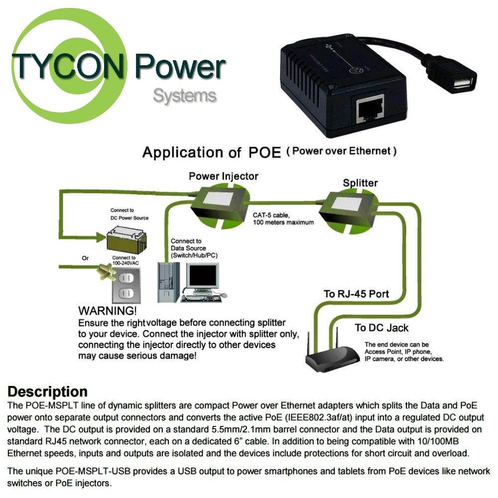 Tycon (POE-MSPLT-USB) Mini Splitter 802.3af/at or passive48 POE In, USB 15W Out