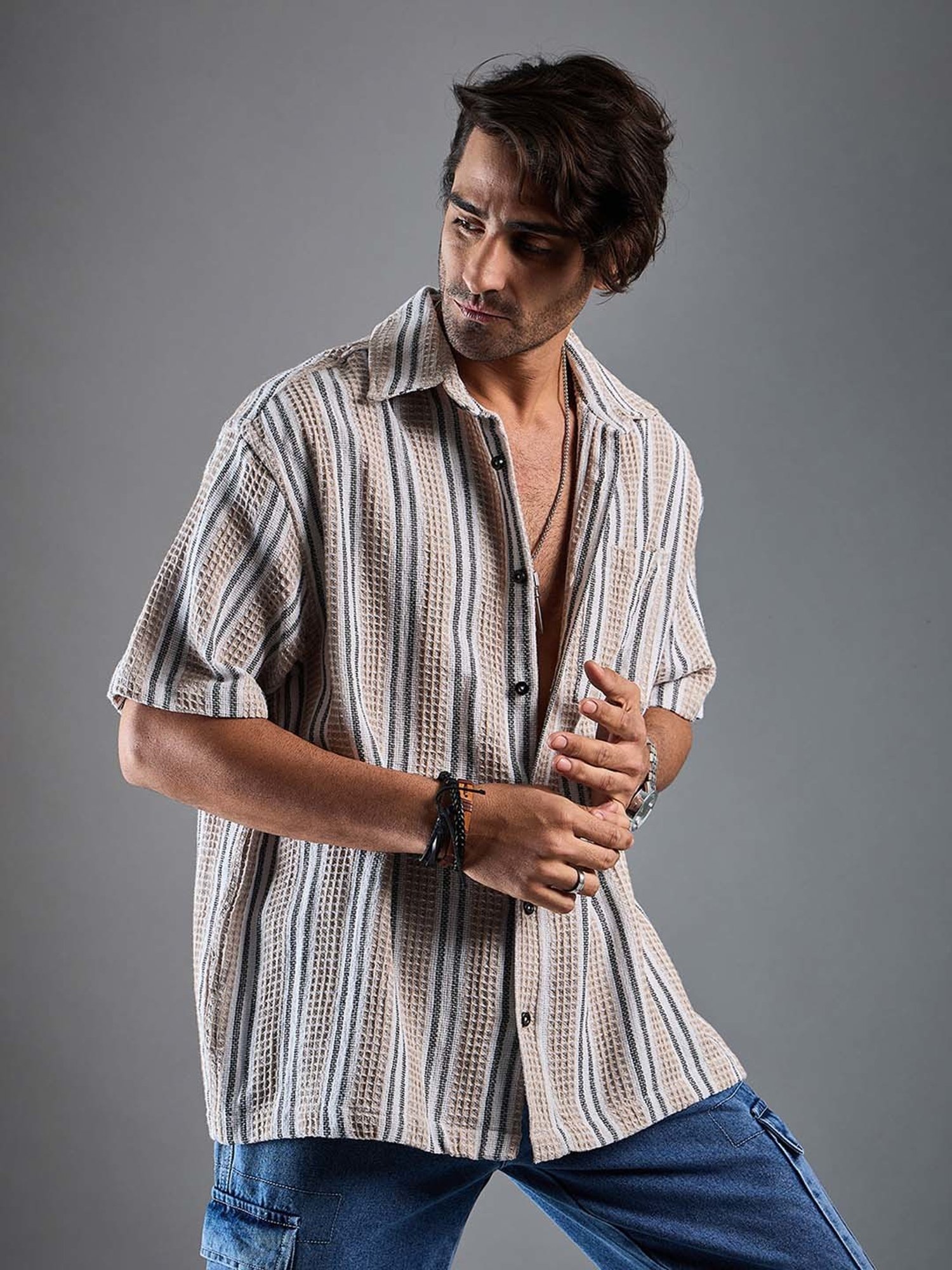 CHIMPAAANZEE Beige & White Loose Fit Striped Oversized Shirt
