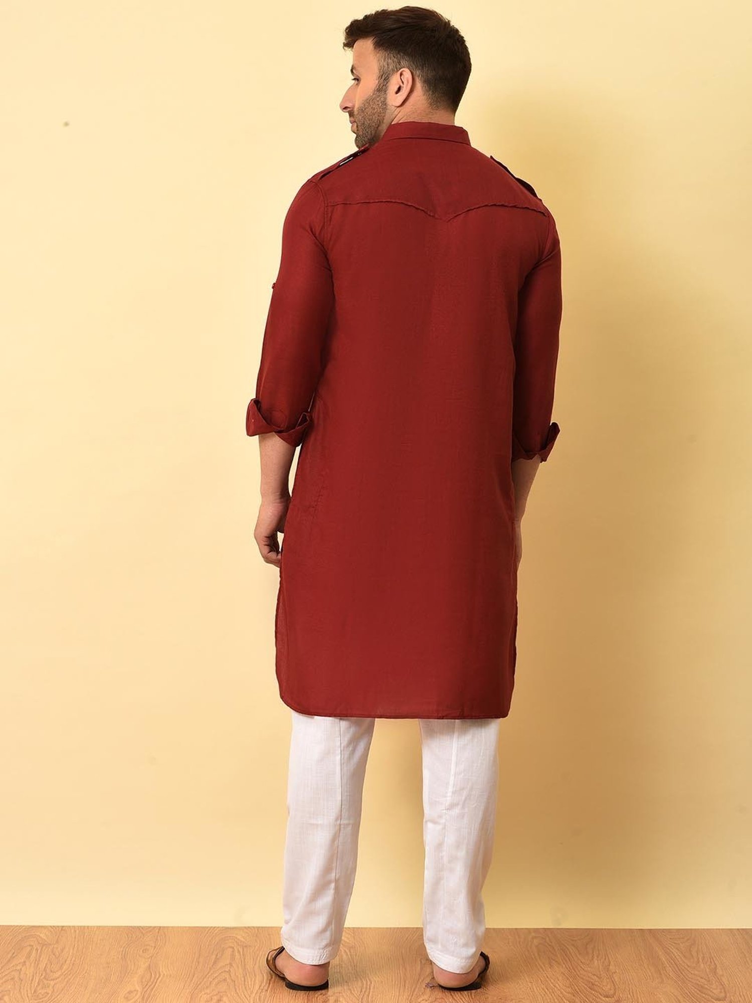 Hangup Maroon & White Regular Fit Pathani Kurta & Pyjamas Set