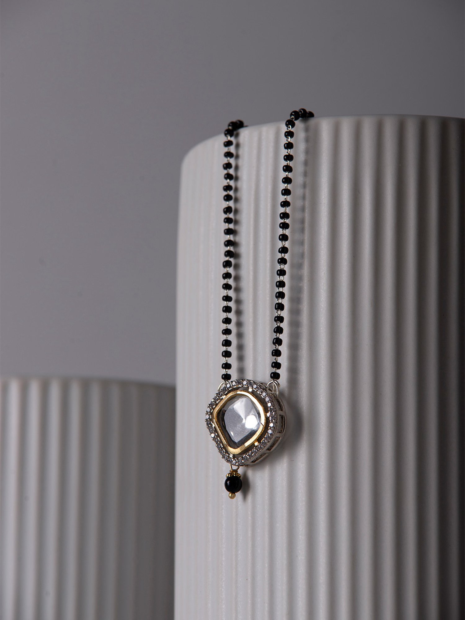 Priyaasi Silver-Plated Black Beads Kundan Mangalsutra