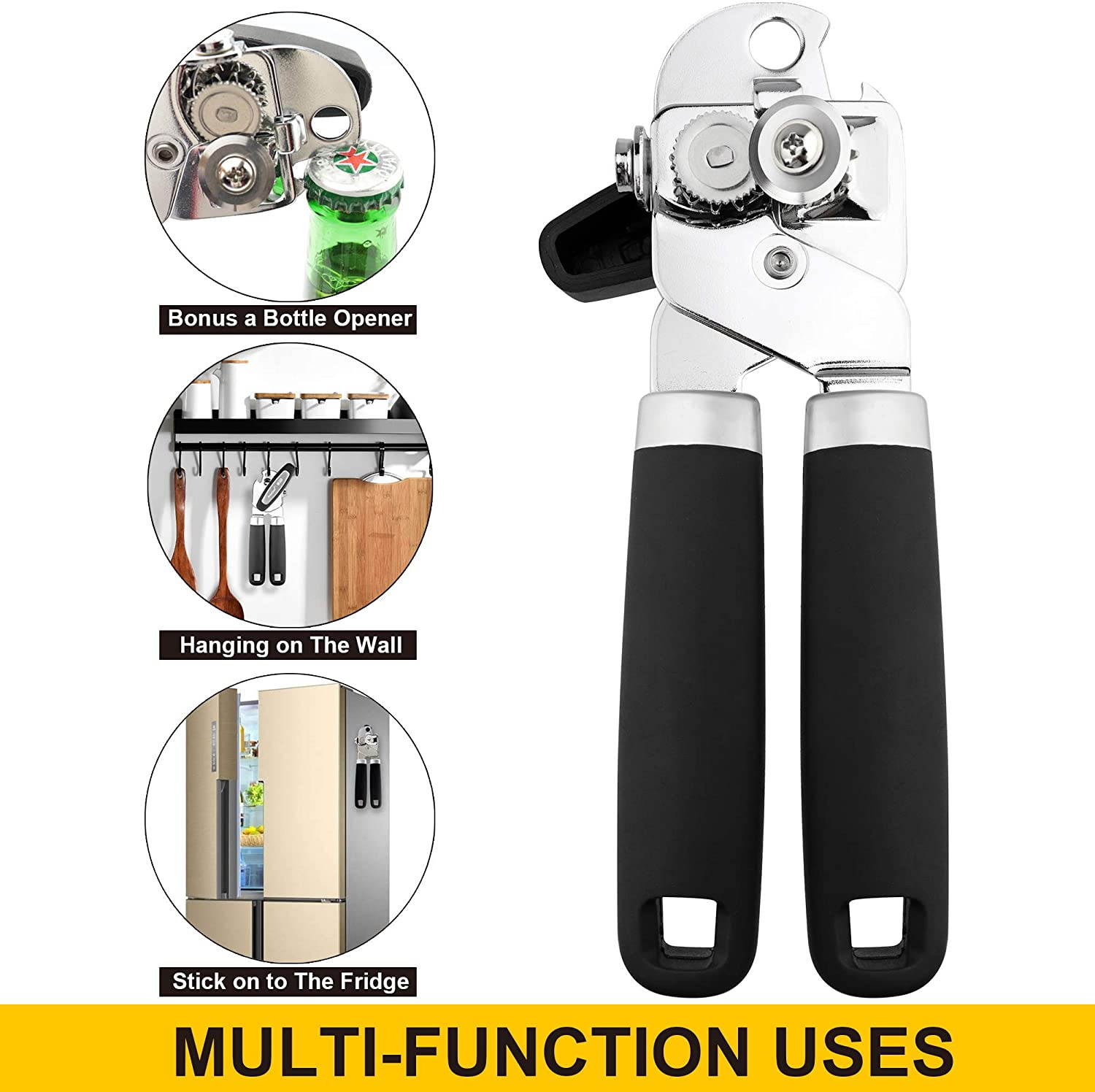 Can Opener Safety Cut 3-in-1 Durable Stainless Steel Can Opener Manual Smooth Edge Food Can Openers Bottle Kitchen