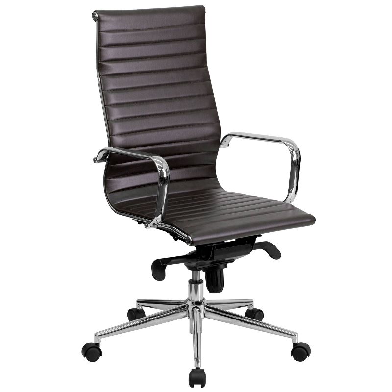 High Back Ribbed Leather Office Chair with Knee Tilt Control and Arms Brown Leather/Chrome Frame - Riverstone Furniture