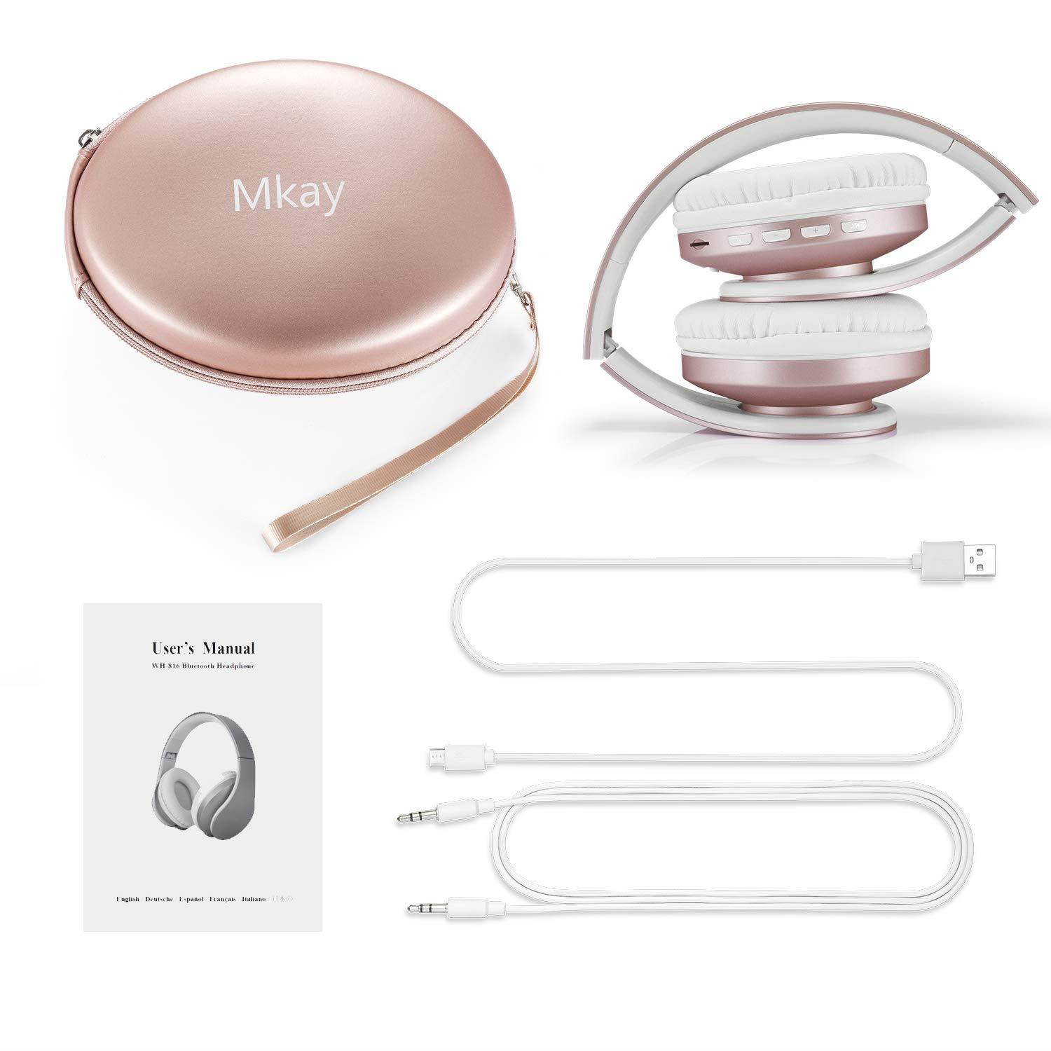 Bluetooth Headphones Wireless,MKay Over Ear Headset V5.0 with Microphone, Foldable & Lightweight, Support Tf Card MP3 Mode and Fm Radio for Cellphones Laptop TV-Rose Gold