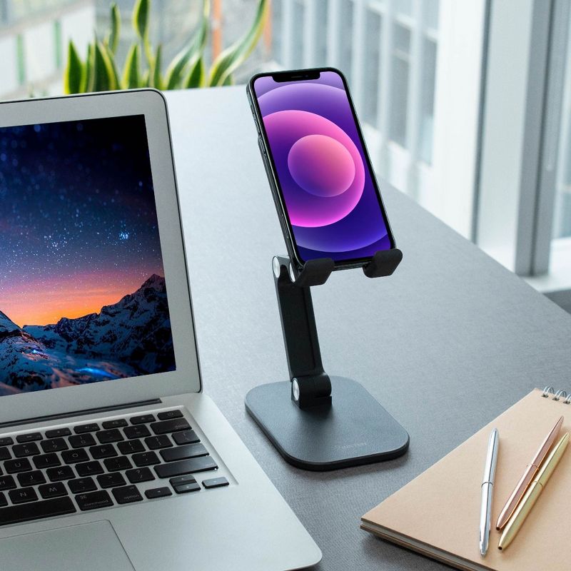Insten Cell Phone Stand for Desk, Aluminum Foldable Holder, Height & Angle Adjustable Ergonomic Mount For Smartphones iPhone iPad Tablet, Black