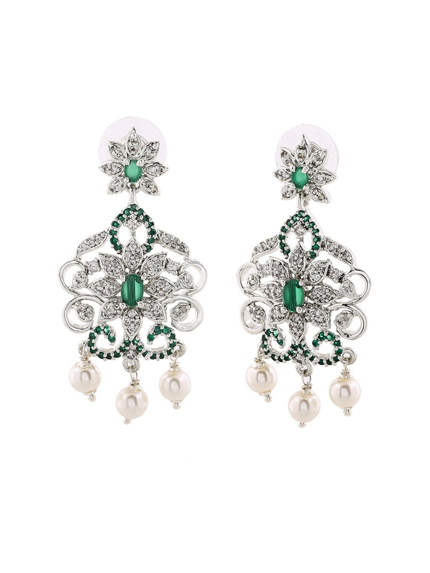 Estele Rhodium-Plated CZ Charming Pearl & White Crystals Dangler Earrings