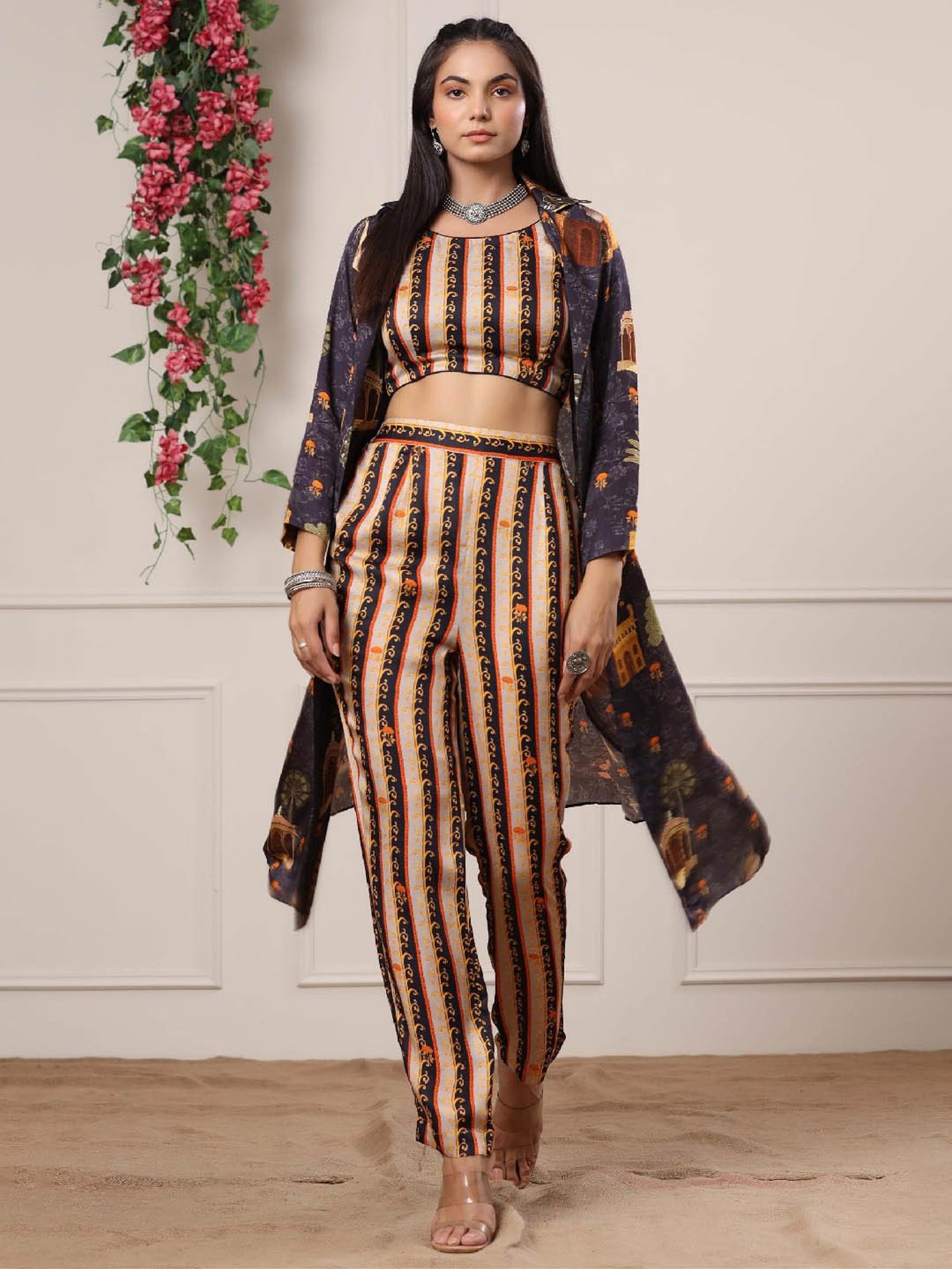 SCAKHI Multicolor Print Satin Crop Top Pant Set With Long Shrug