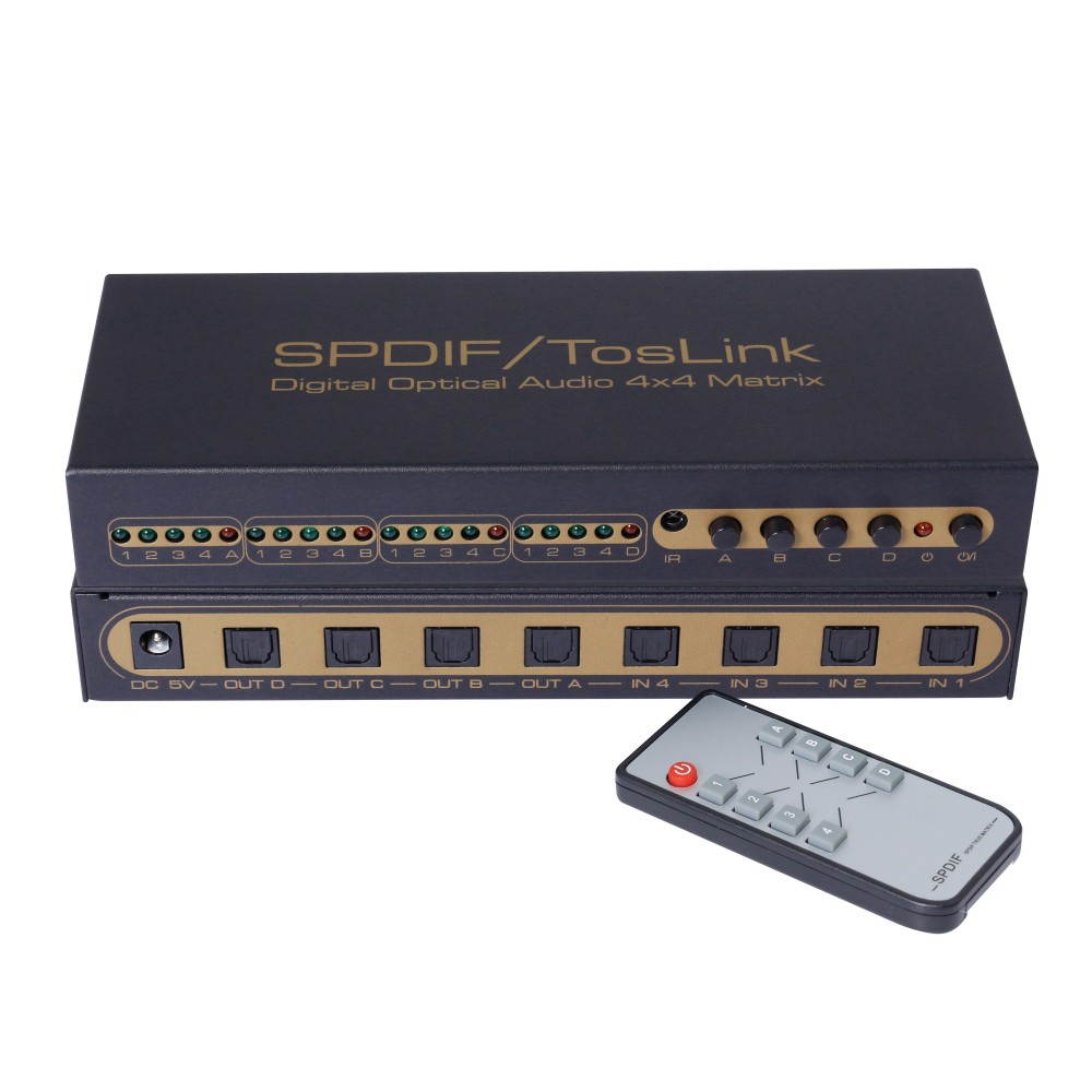 SPDIF/TosLink .Dogital Optical Audio 4x4 Matrix 4 ways optical fiber signal input To four sets of SPDIF/TosLink signal receiving device