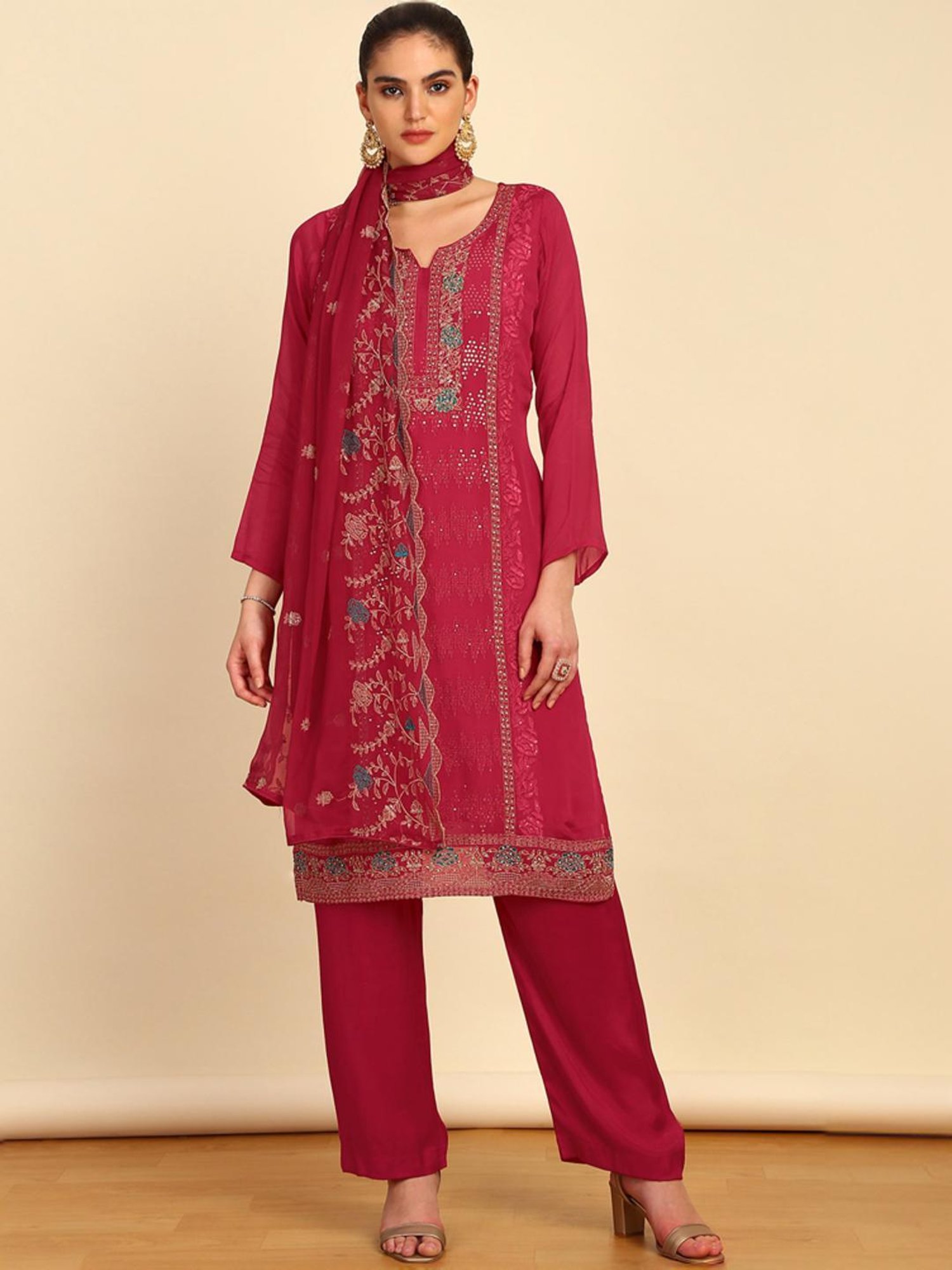 Soch Womens Magenta Crepe Unstitch Dress Material With Sequins