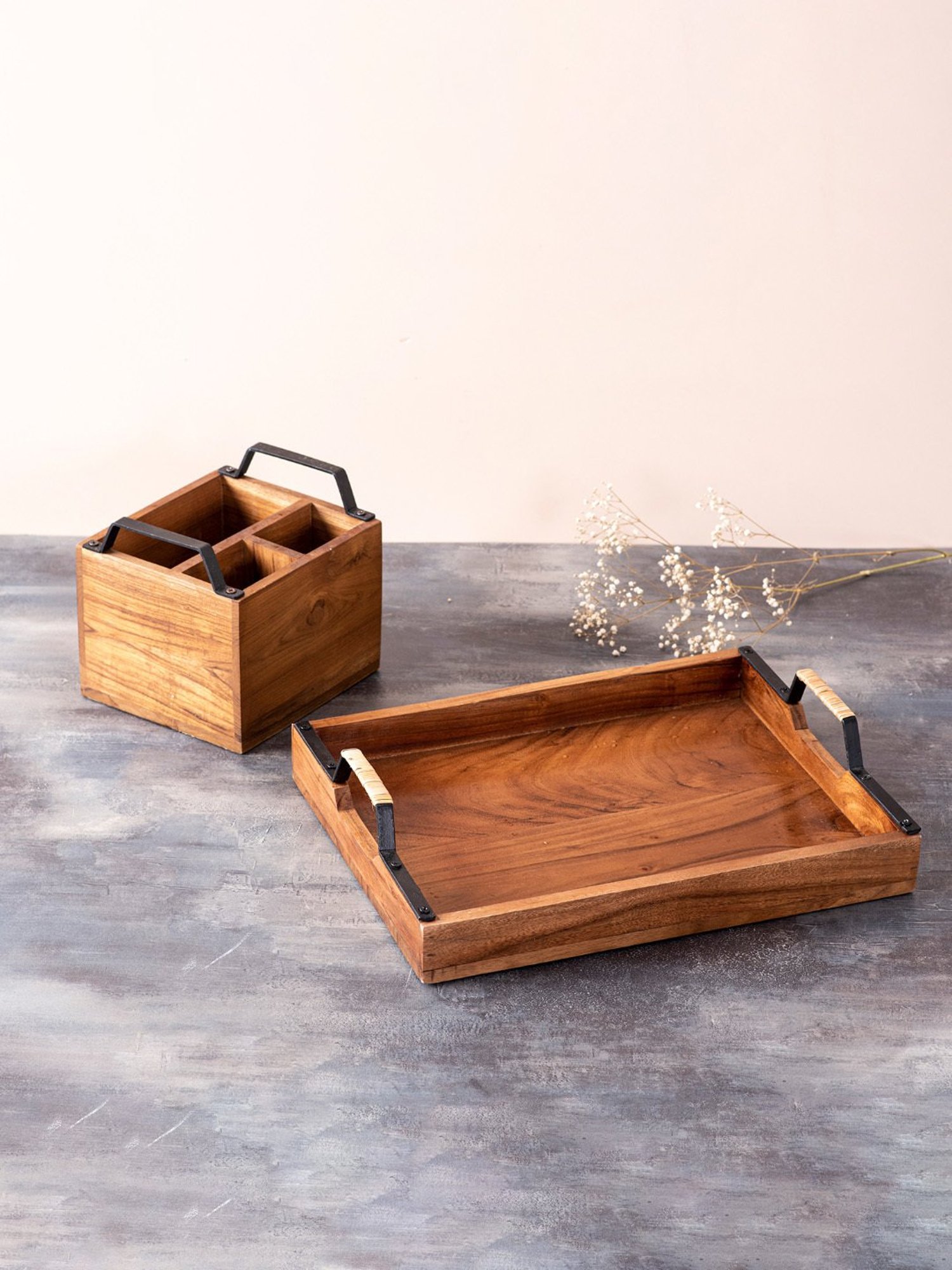 Nestroots Brown Wood Tray & Cutlery Holder Set