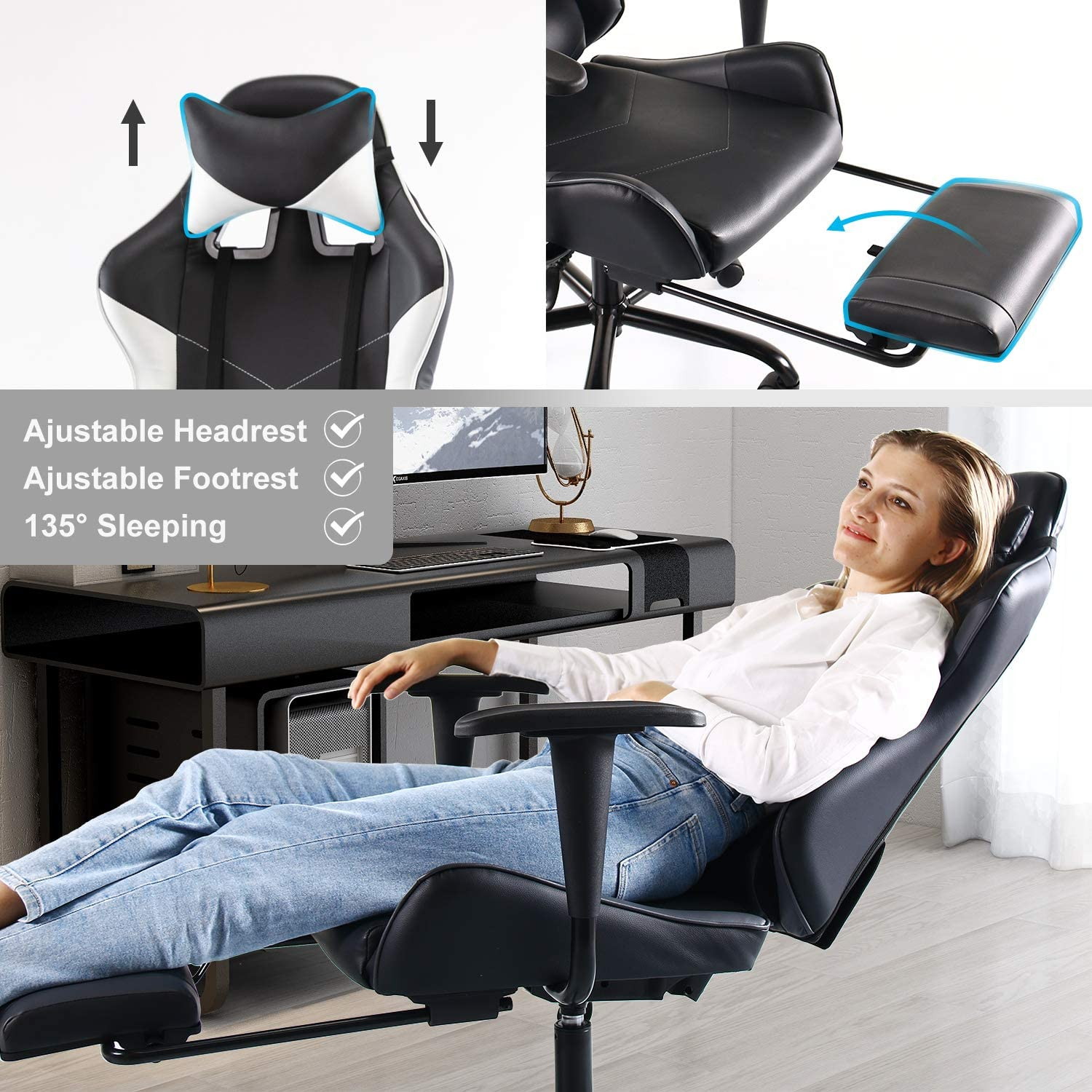 SMUGDESK Gaming Chair with Footrest Racing Style Recliner with Lumbar Support, Ergonomic Office Armchair for Computer PU Leather High Back Desk Chair Headrest Swivel Rocking Desk Chair, Blue