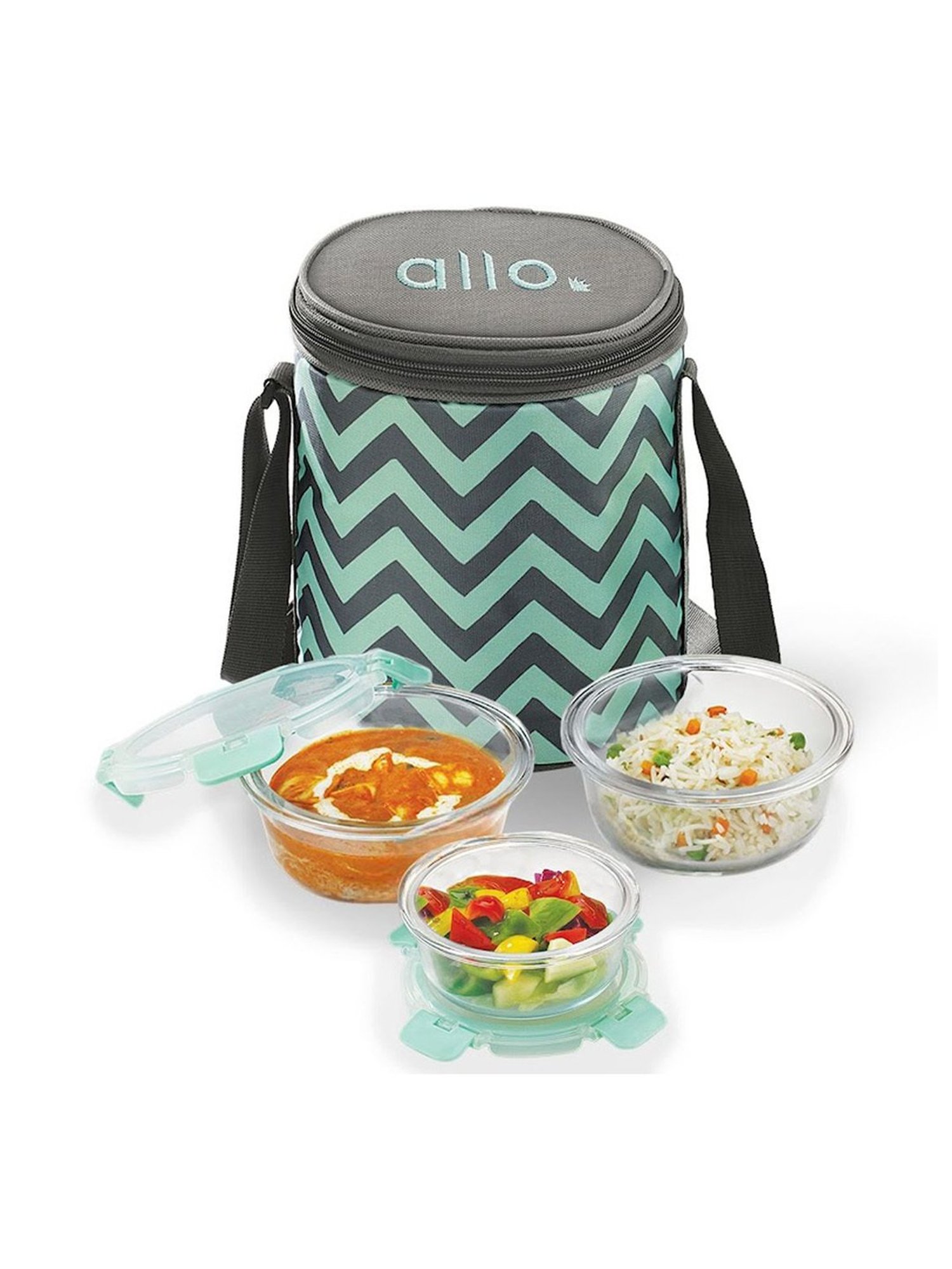Borosilicate Glass Lunch Box Microwave Oven Safe with Detachable Lock and Chevron Mint Tiffin Bag