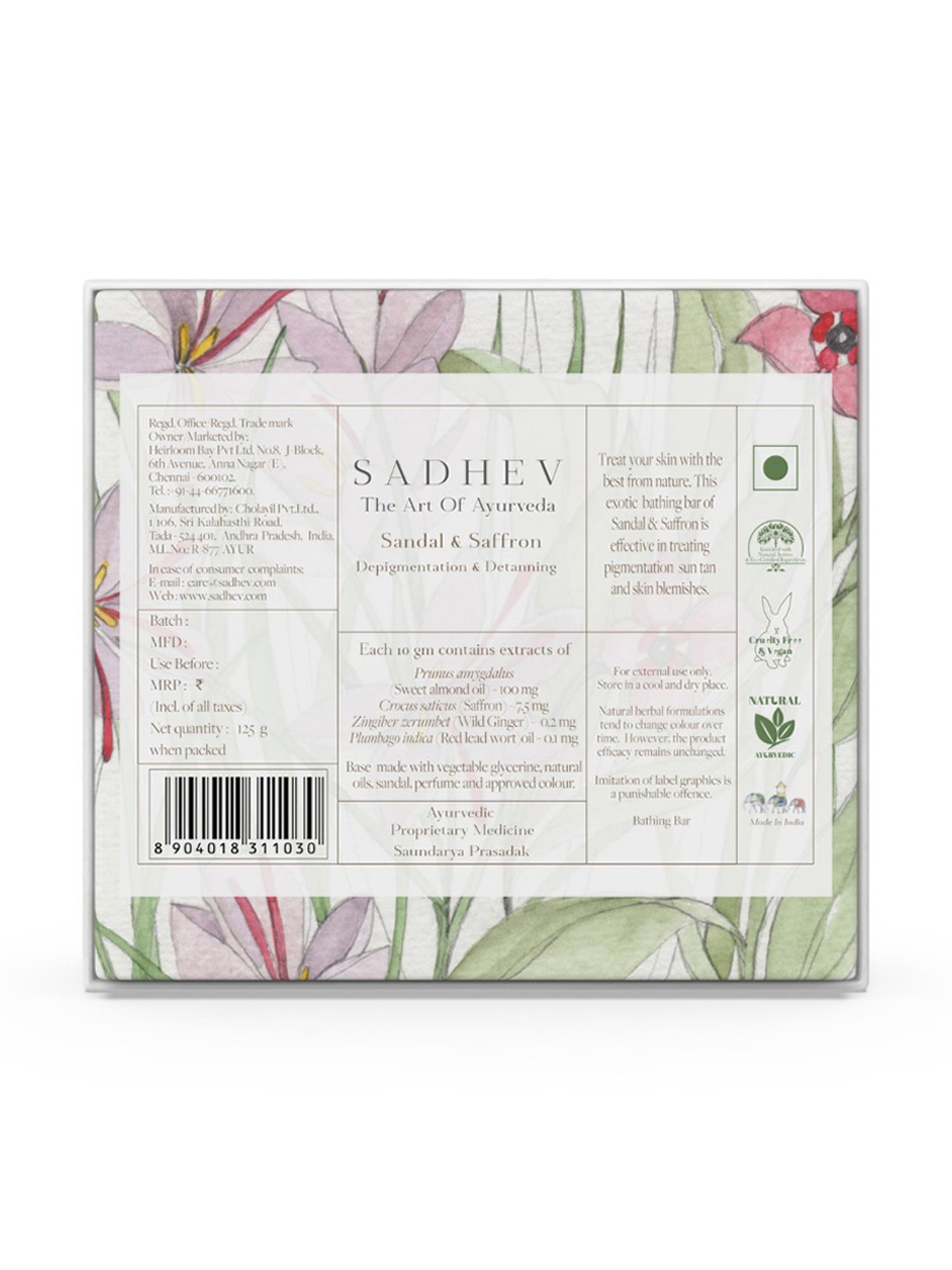 SADHEV The Art Of Ayurveda Sandal & Saffron Soap - 125 gm