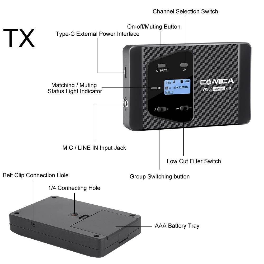 comica CVM-WS60 Combo Wireless Dual Lavalier Lapel Microphone System with UHF 12 Channels, Universal Smartphone Clamp,100-194ft Wireless Range,Wireless Microphone for Smartphones and Cameras (2Tx+1Rx)